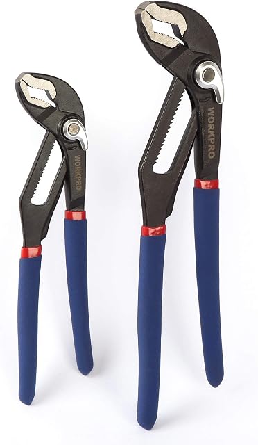 WORKPRO Water Pump Pliers, 40/52mm Wide Jaw Capacity, Quick Change Adjustable Plumbing Grips and Slip Joint Plier Set, 200mm (8-Inch) and 250mm (10-Inch), 2-Piece