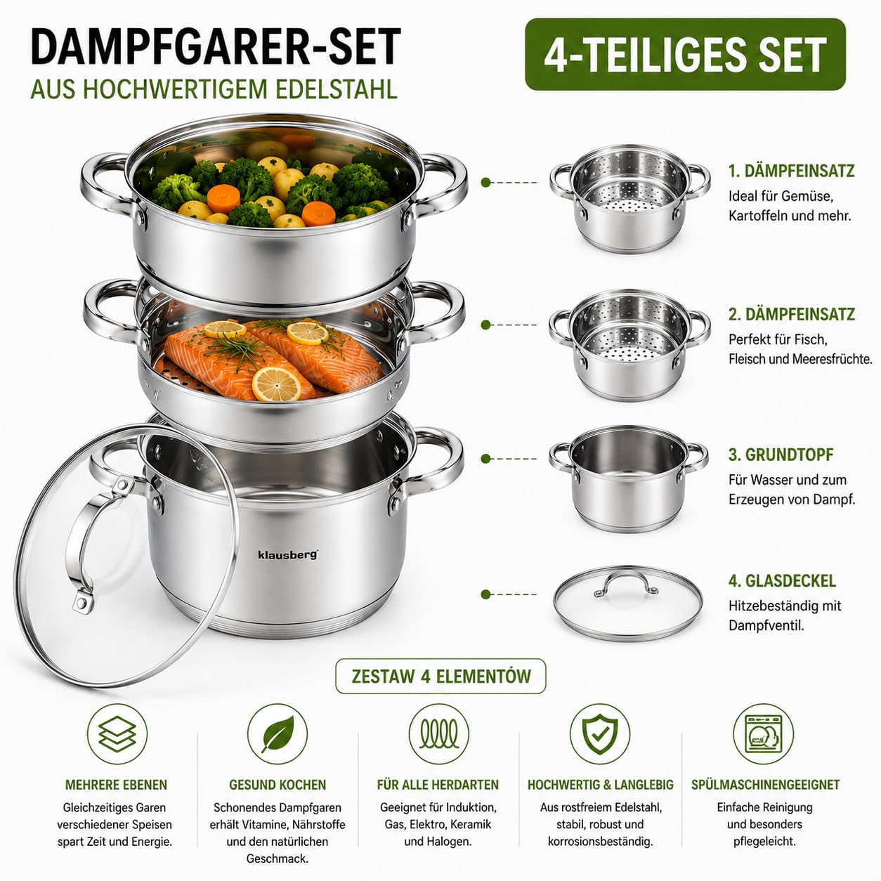 Dampfgarer Set Edelstahl Induktion Klausberg 3,1l (Silber, 4 Teile)