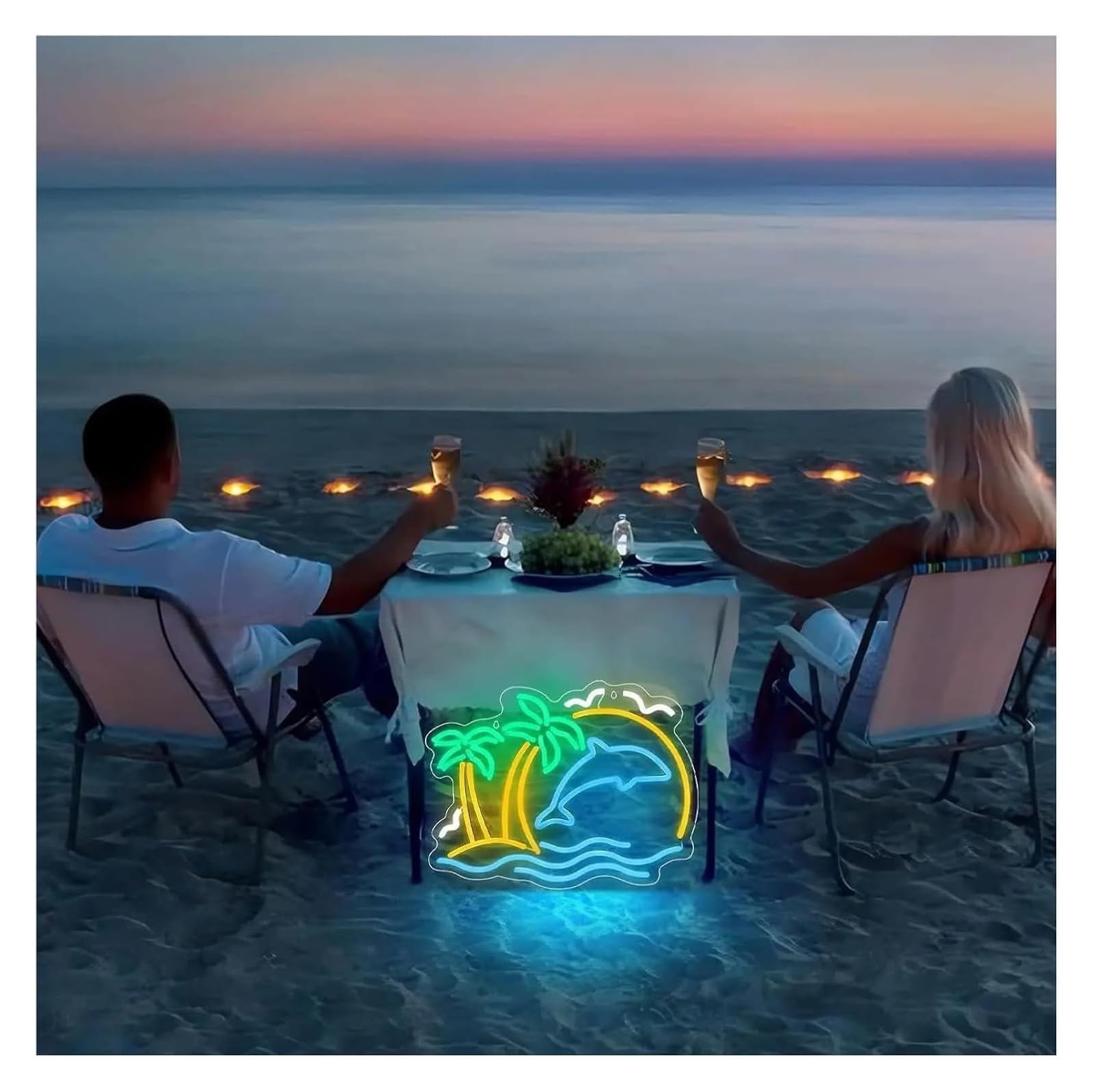 Insegna al neon a forma di palma e delfino, luce LED per soggiorno, club, 30x22,5 cm