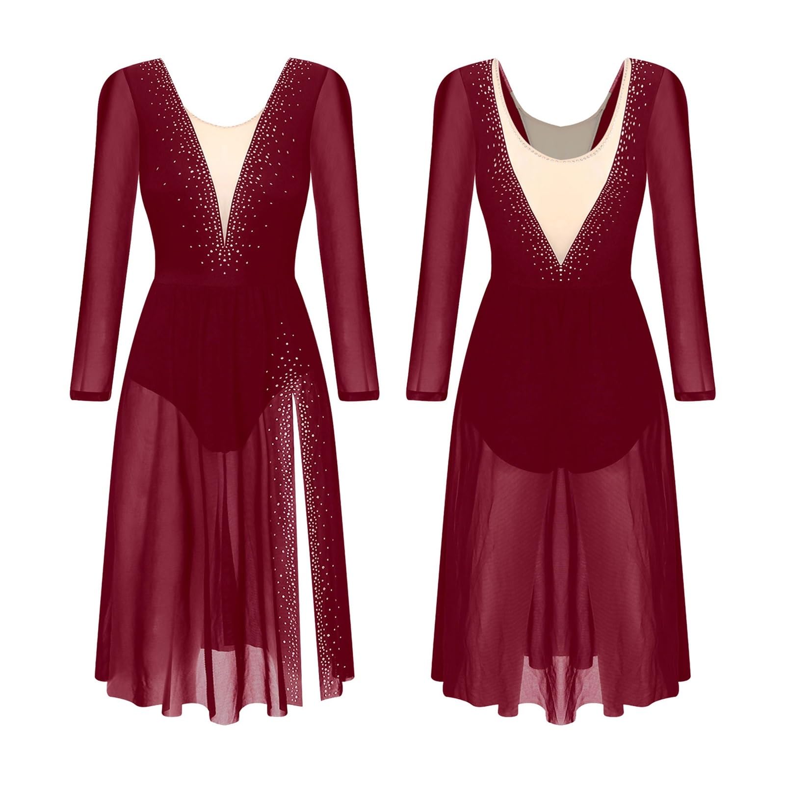 CHICTRY Body Da Ginnastica Artistica Per Bambina Con Gonna E Strass - Manica Lunga, Scollo Tondo, Per Danza Classica, Pattinaggio E Jazz
