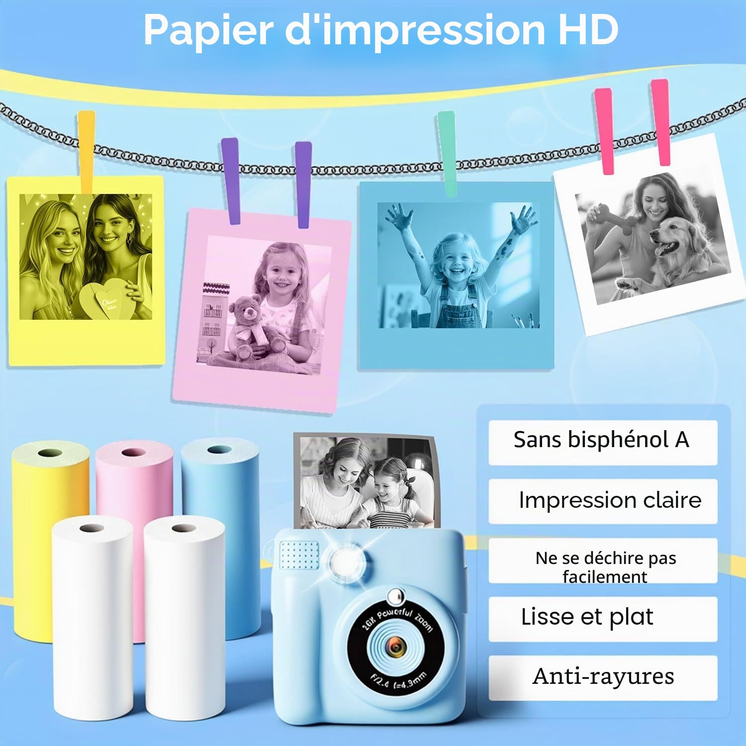 Lot de 18 rouleaux de papier pour appareil photo instantané enfants, sans BPA 5.7 x 2.5 cm