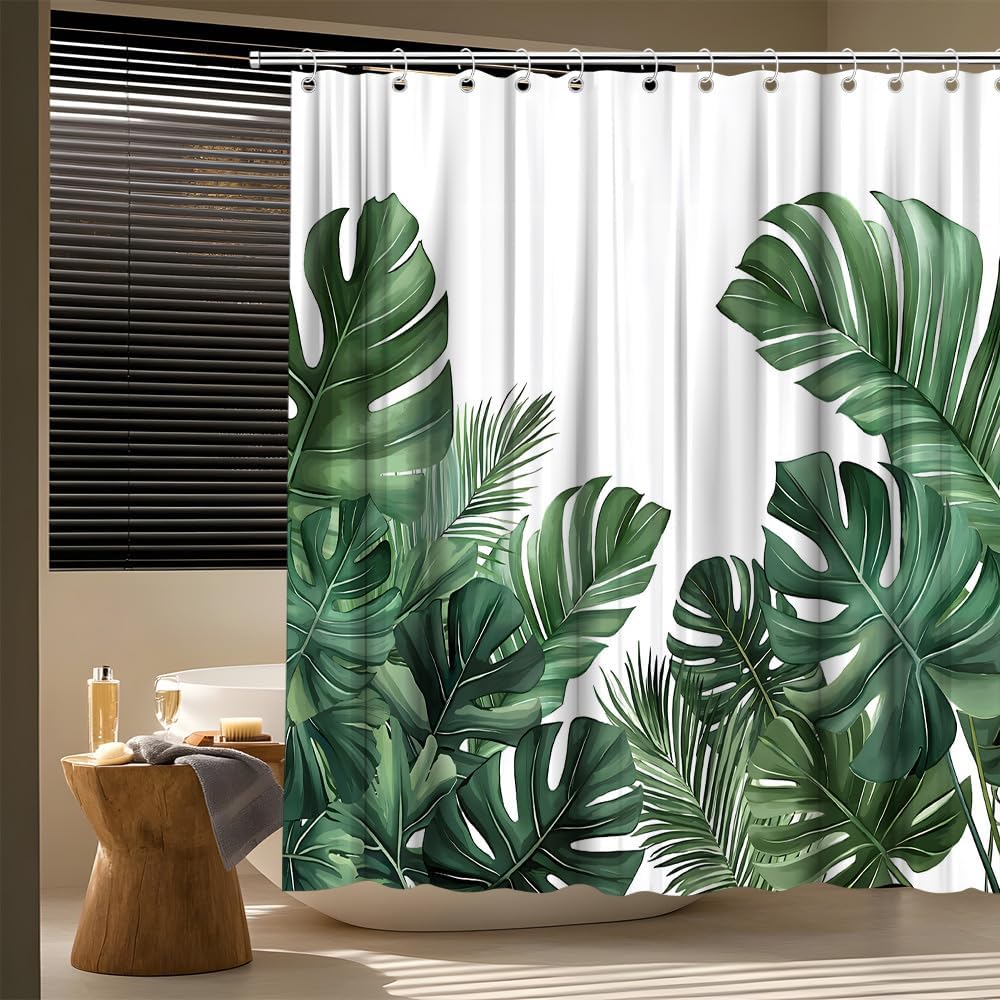 Tropical Green Leaves Shower Curtain Palm Banana Leaf Monstera Plant Rainforest Watercolor Jungle Spring Summer Forest Bath Curtain Fabric Bathroom Accessories Decor with Hooks 70W x90L