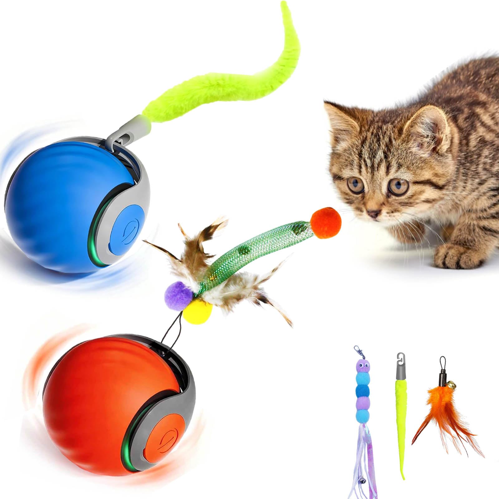 JinRui-T 2 PCS Active Rolling Ball with Tail for Cats,Speedy Tail Cat Toys for Indoor Cats,Smart Interactive Kitten Toy Rechargeable Moving Cat Toys,Interactive Pet Toy Ball with 5PCS Teaser Baits
