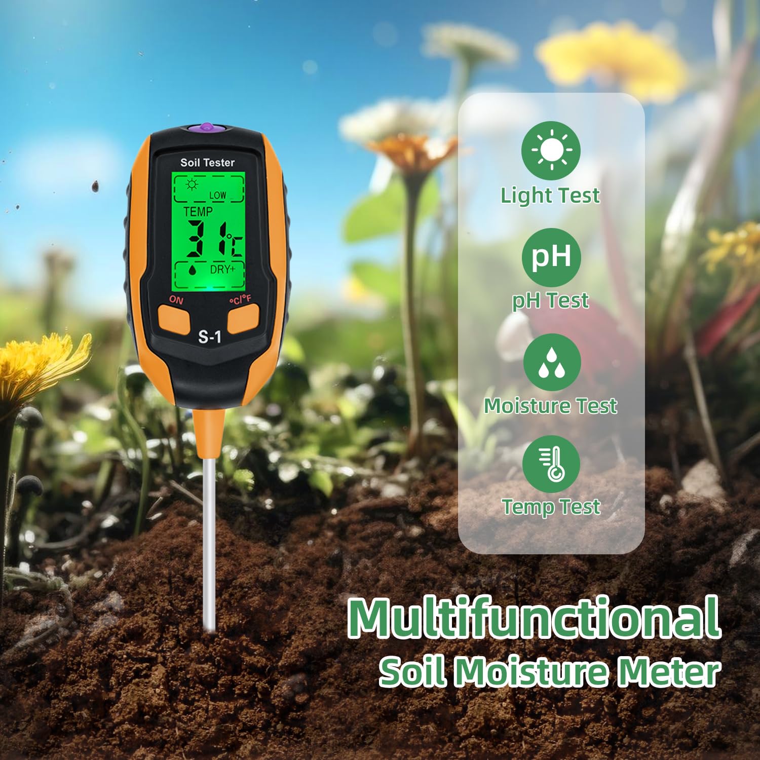 thumbnail: 4-in-1 Vochtmeter Voor Planten - Bodem PH Tester, Thermometer, Zonnestraling & Vochtigheid Met LCD Display
