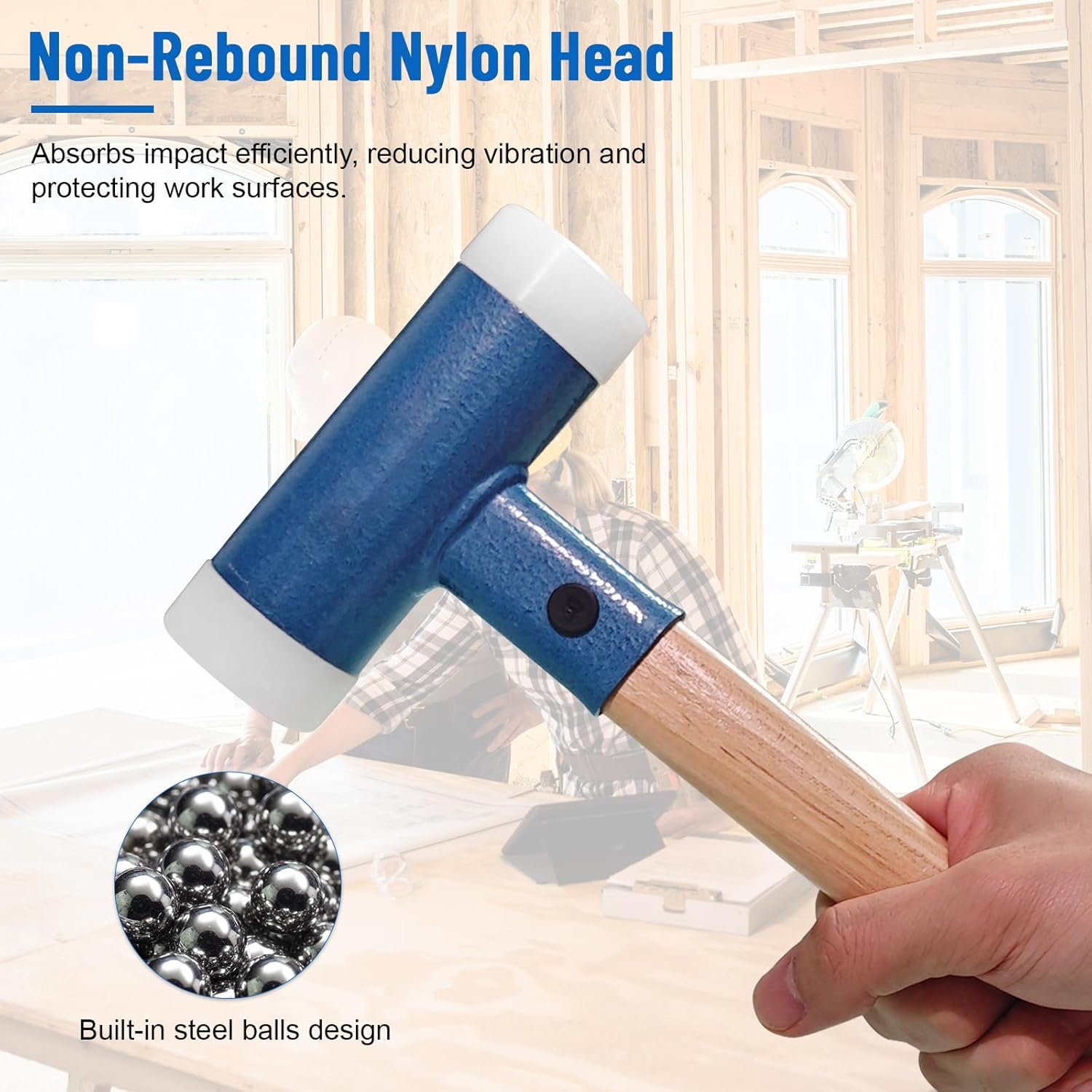 Dead Blow Nylon Hammer with Walnut Handle, Non-Marring Dual-Face Mallet with Steel Shot Core for Tile & Flooring Installation, Metalworking, Mechanical Repair and Assembly Tasks (Blue)