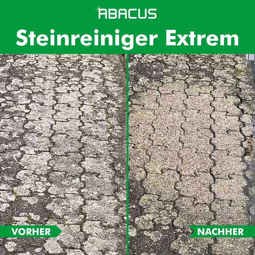 ABACUS® Steinreiniger Extrem, intensiver Steinreiniger für außen mit Sofortwirkung, entfernt sofort Schmutz, Grünbelag, Flechten & Algen auf Steinen in Minuten, Steinreiniger Intensiv außen 12x 1000ml