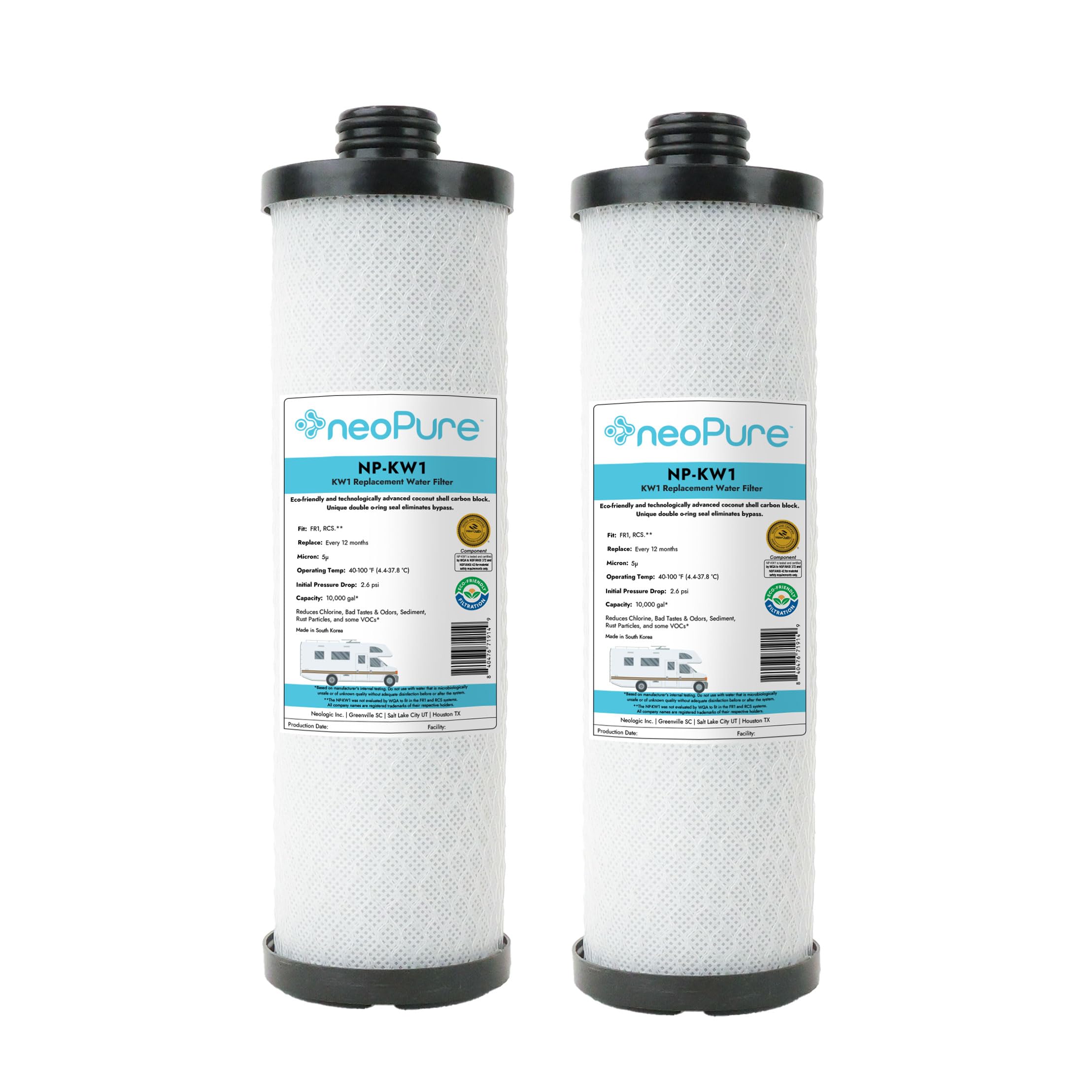 Neo-Pure NP-KW1 WaterPur KW1 Compatible 10" Carbon Block Filter for RCS/FR1 Housing | Chlorine, Sediment, VOC Reduction | RV, Boat, Camper Water Filtration - 2 PK