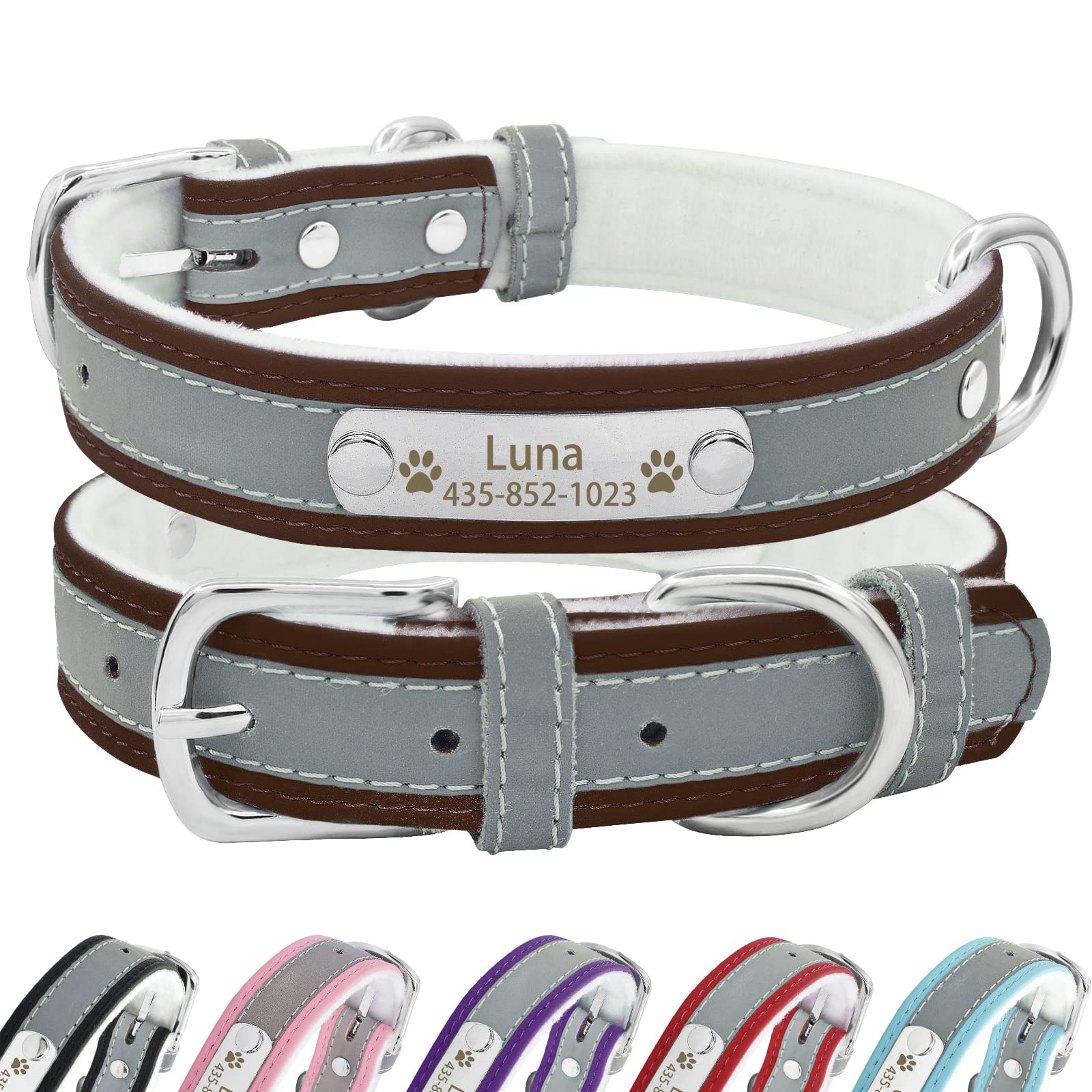 Senristar Personalised Reflective Leather Dog Collar with Warm Lining,Custom Dog Collar with Name Plate Engraved for Small Medium Large Dogs & Cats — image 1