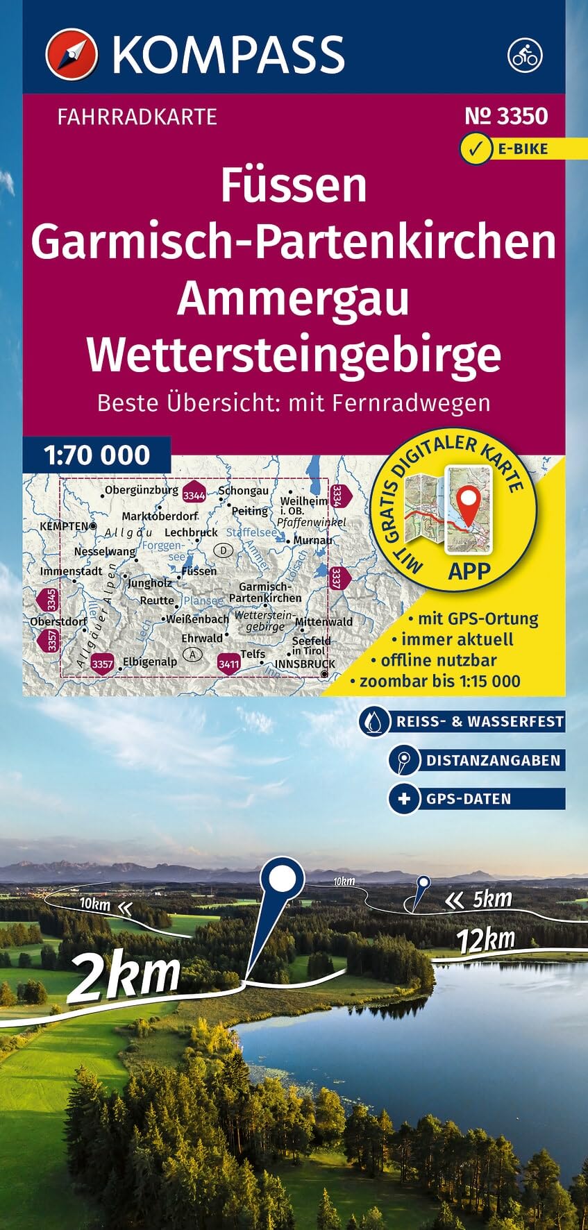 KOMPASS Fahrradkarte 3350 Füssen, Garmisch-Partenkirchen, Ammergau, Wettersteingebirge 1:70.000: reiß- und wetterfest