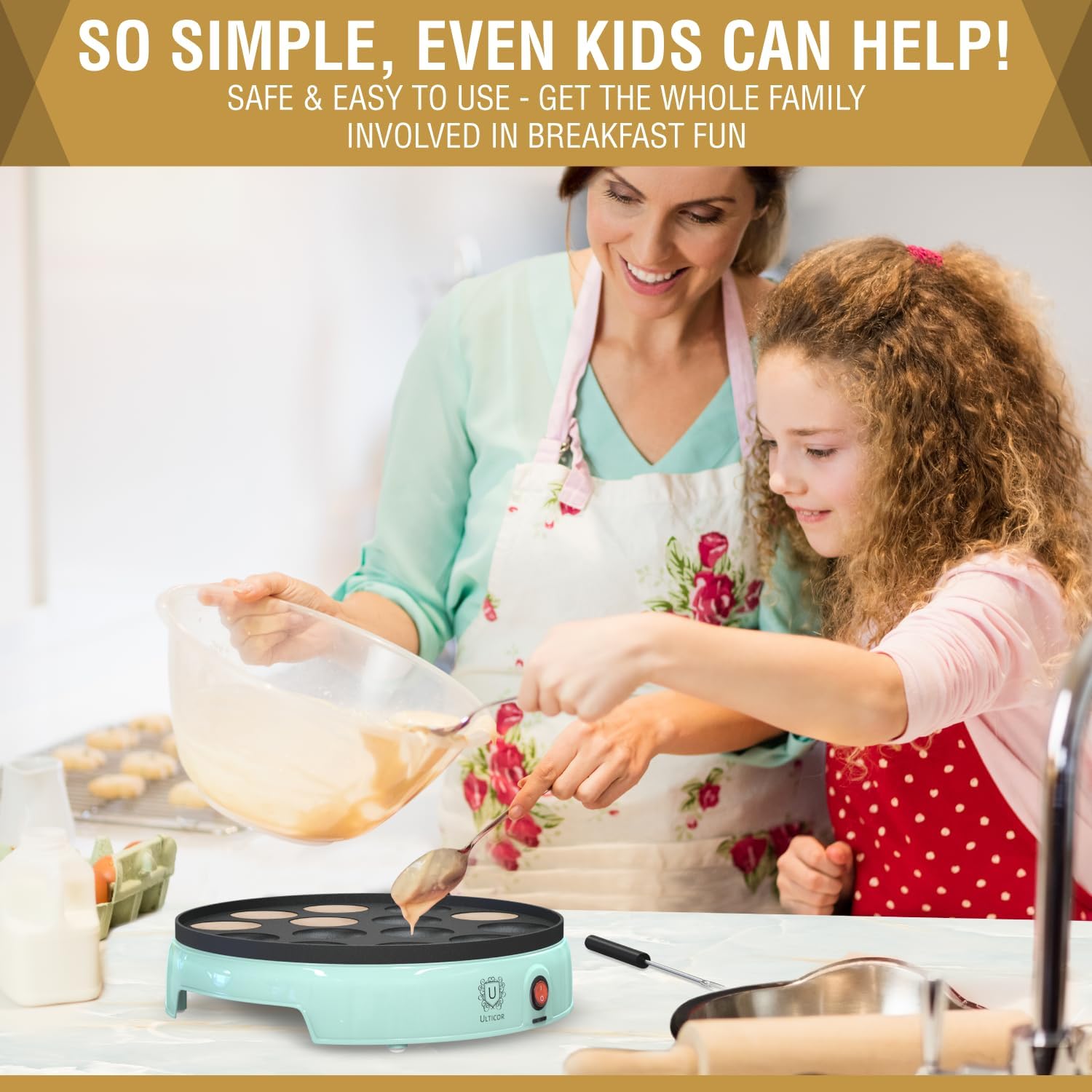 ULTICOR Mini Pancake Maker – 14-Hole Electric Poffertjes Pan – Non-Stick Dutch Mini Pancakes Griddle – Easy to Use, Easy to Clean – Perfect for Breakfast, Desserts, Snacks & More