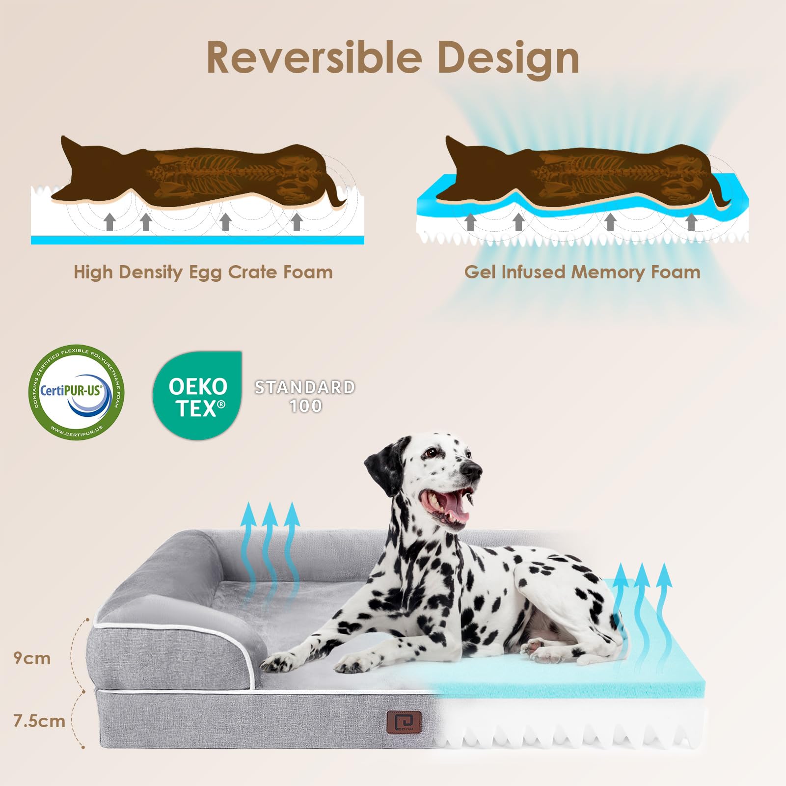 EHEYCIGA Cuccia Cane Interno Taglia Grande, Cuscino Cane Impermeabile Sfoderabile e Lavabile, Letto per Cani con tre Lati Rialzati Ortopedico, Cuccia Divano per Cani, Grigio, 112x81x16cm