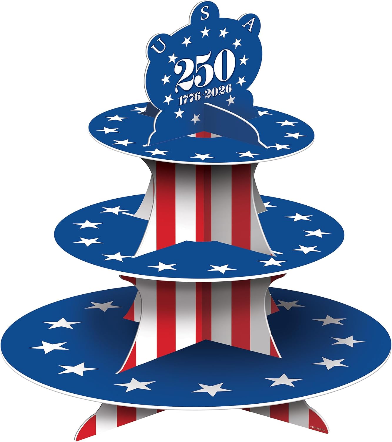 Beistle Semiquincentennial Cupcake Stand – 3-Tier Patriotic Dessert Display with USA 250 Design, Freestanding Red, White & Blue Treat Stand for 1776–2026 Events, July 4th Parties & Buffet Tables, 16"