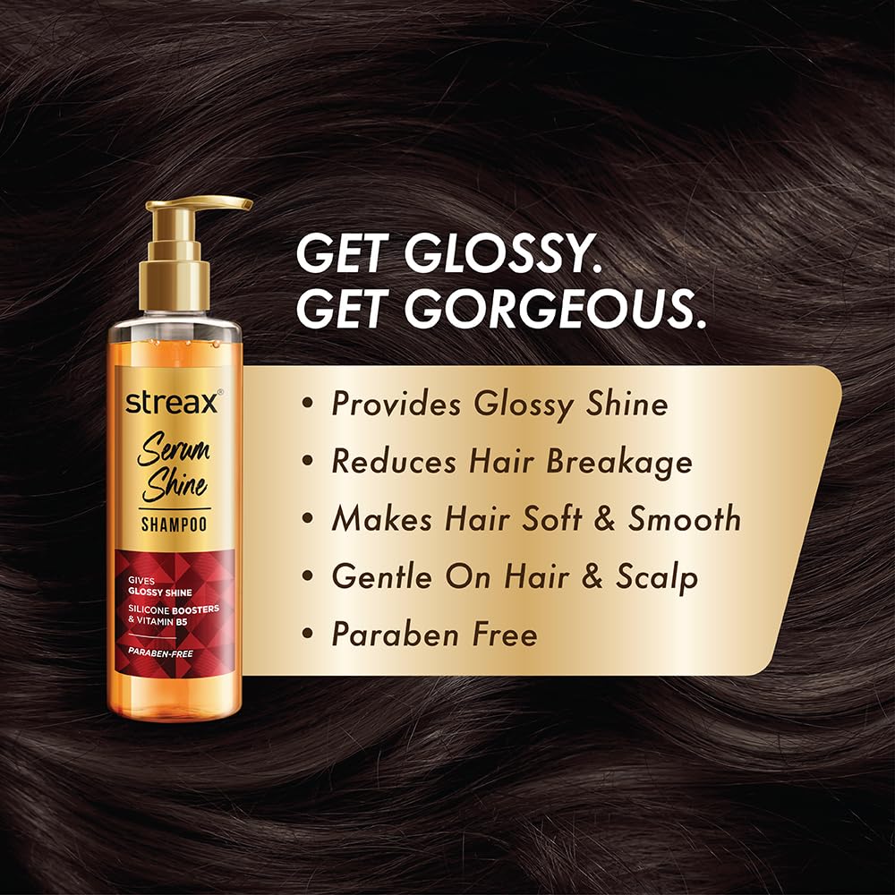 Streax Champú brillante para cabello encrespado y seco, sin parabenos, con activos de silicona, controla el encrespamiento, para cabello suave y brillante, 240 ml