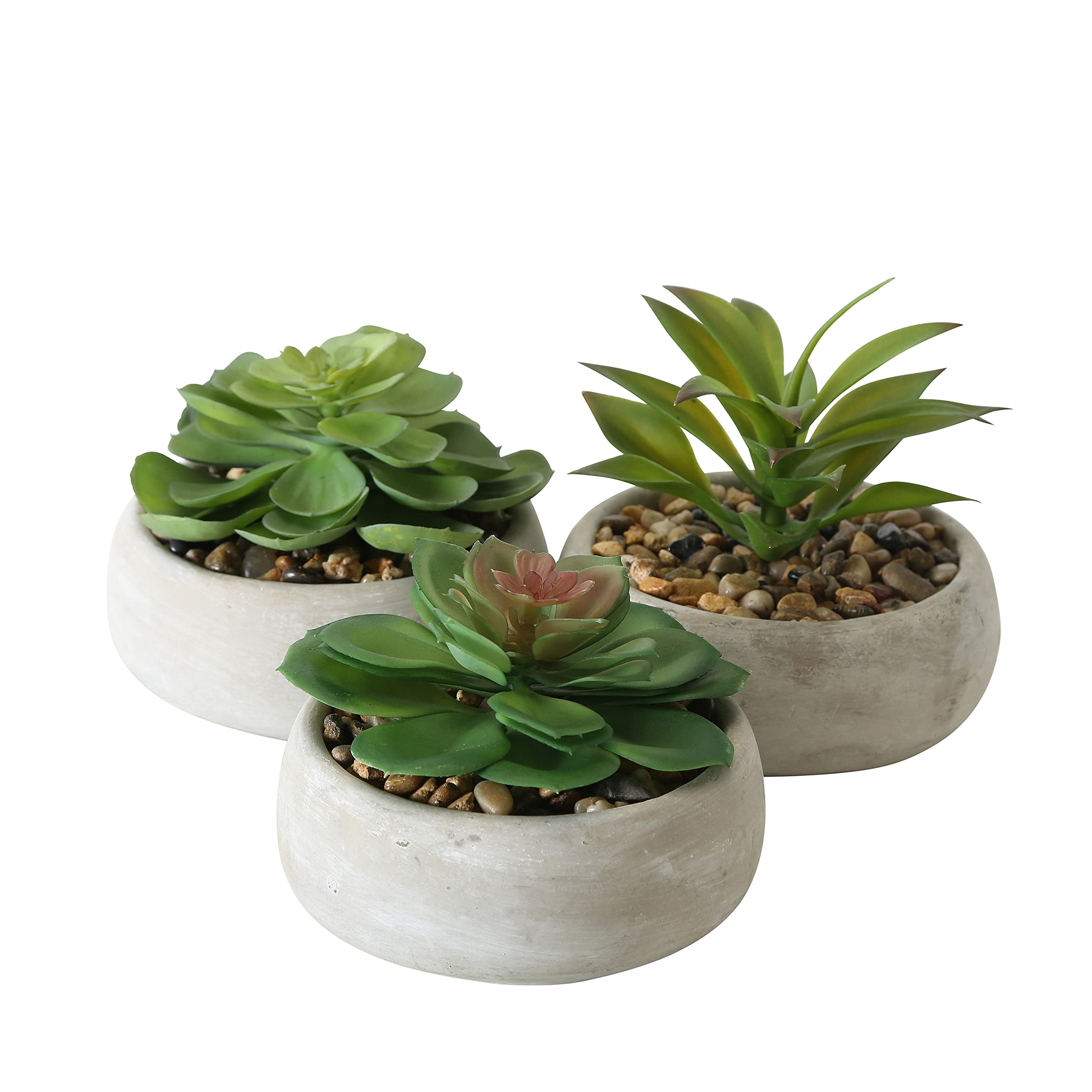 3 Piece Realistic Faux Succulent Set, Brushed Cement Pot, Pebble Surface 5 D x 4.75 H Inches