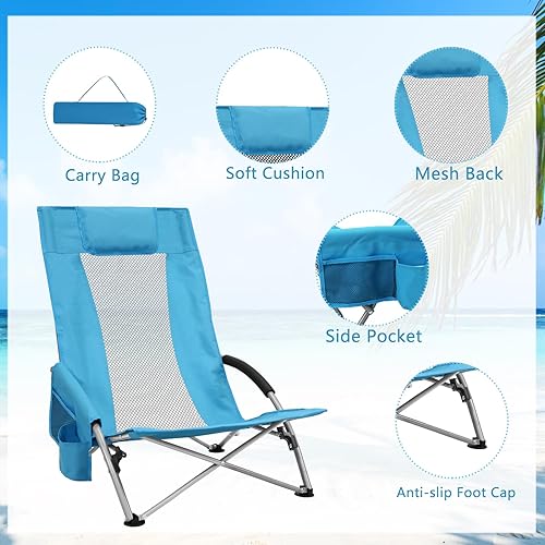 Miniatura 5 de Sillas de playa de respaldo alto, paquete de 2 sillas plegables portátiles para adultos, sillas de campamento con bolsa de transporte portavasos