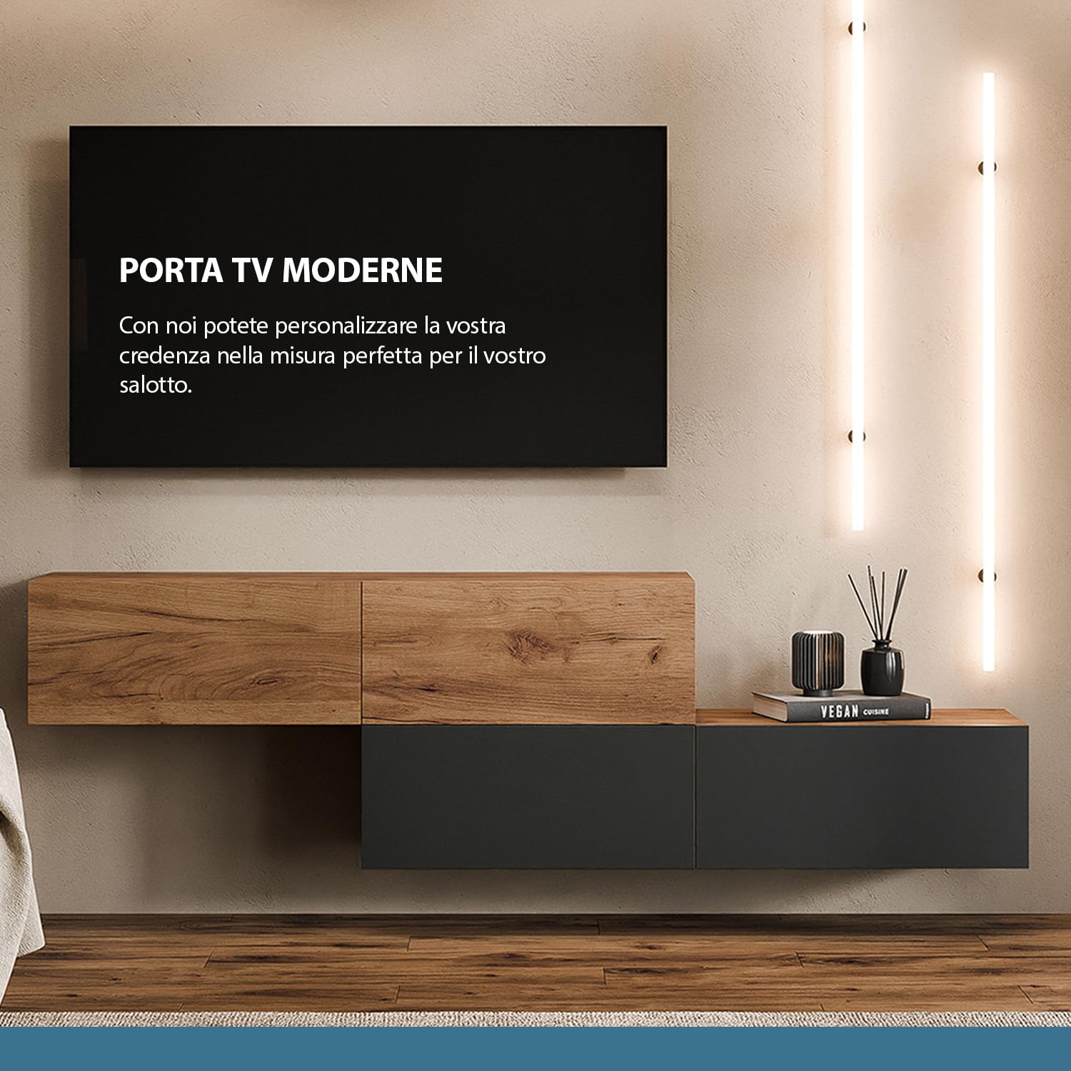 Planetmöbel TV Mobile soggiorno 2X 140 cm Oro Rovere/Antracite - Oro Rovere, Moderno, Mobile TV con 2 ante per lo stoccaggio, da appendere o utilizzare con appoggio a terra