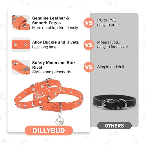 Miniatura 3 de Collar de cuero para perros pequeños y medianos, collar ajustable con remache de estrella y luna con hebilla de metal resistente al óxido, collares
