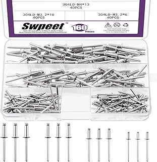 Swpeet 160Pcs 1/8" 5/32" 3/16" Large Flange All 304 Stainless Steel Blind Rivets Kit, Black Pop Rivets Open End Type Pop Rivet for Indoor and Outdoor Use