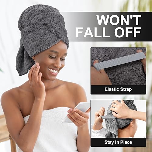 Miniatura 4 de Paquete de 2 toallas para el cabello para mujer, envoltura grande de microfibra para secar el cabello, turbantes súper absorbentes con correa