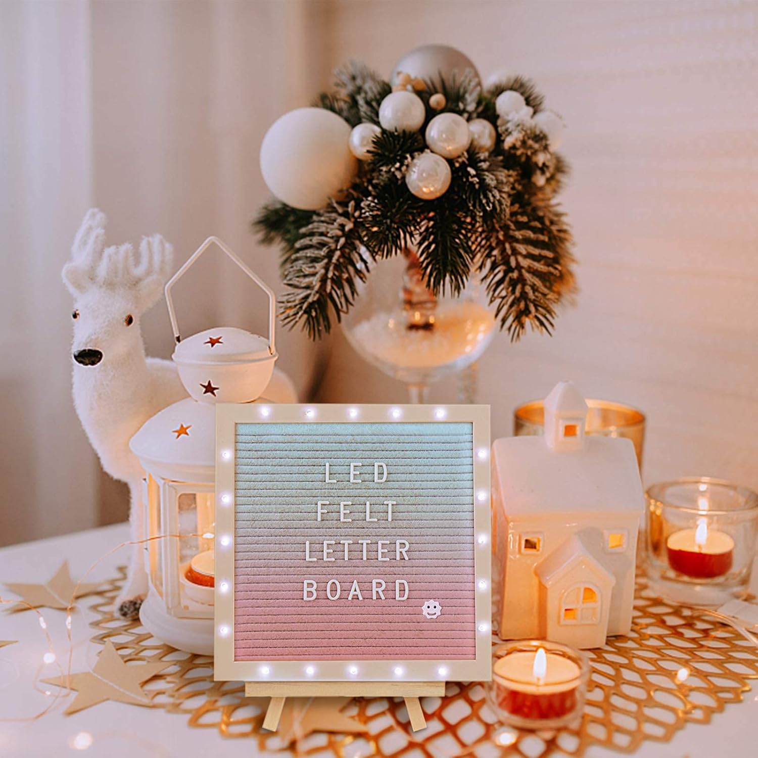 Gradient Felt Letter Board with LED Lights- 10 × 10 Inch Felt Changeable Message Board with Romantic White Frame 510 Black & White Pre-Cut Letters for Making Valentine's Day Wedding Party Decor : Office Products