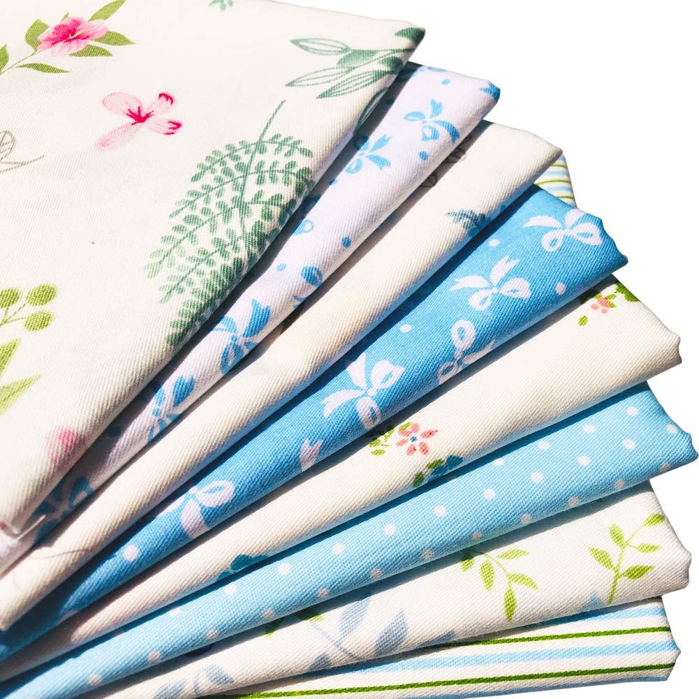 flic-flac 20 x 20 inches (51cmx51cm) Fat Quarter Cotton Quilting Fabric Thick Craft Printed Fabric High Density Bundle Squares Patchwork Lint DIY Sewing (8pcs, Blue)