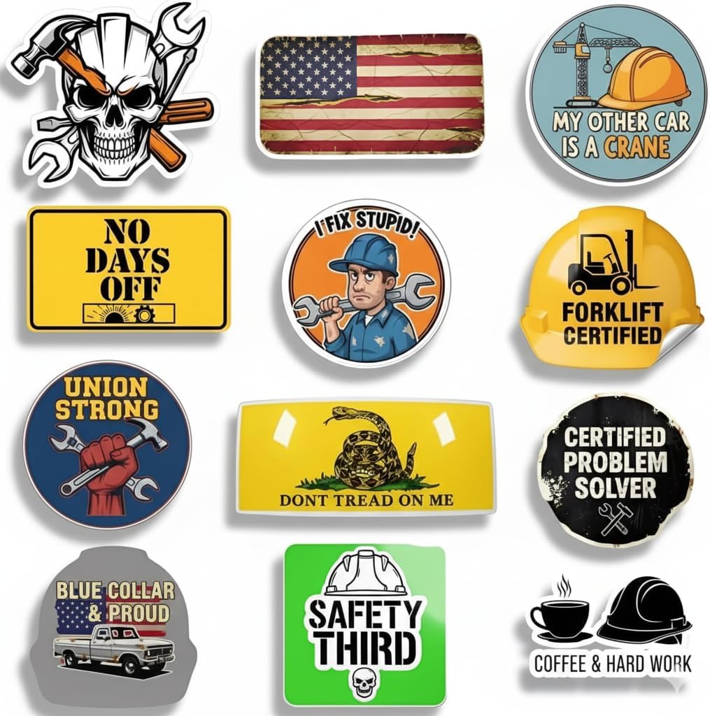 Blue Collar Sticker Pack - 12 Pcs Funny Hard Hat Stickers for Men, Construction, Electrician, Oilfield, Union Proud, Lineman, Mechanic - Waterproof Vinyl Decals for Tool Box, Lunch Box & Helmet