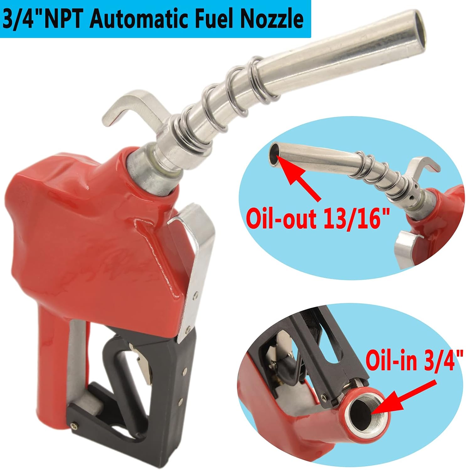 3/4" NPT High Flow Automatic Fuel Nozzle - Auto Shut-Off, Car Filling Nozzle - Diesel, Kerosene, Gasoline (13/16in Spout, 16GPM)