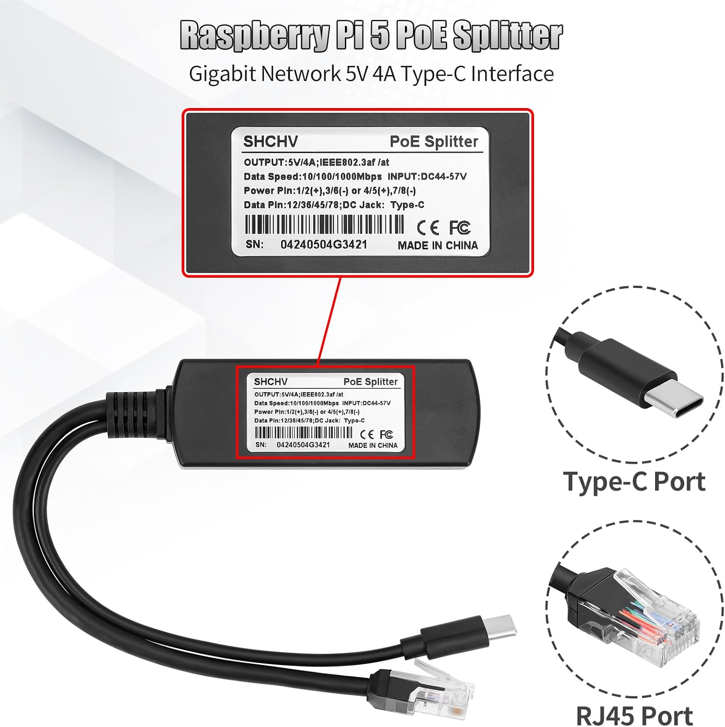 Gigabit Poe Splitter, Power Over Ethernet Adapter for Raspberry Pi 5