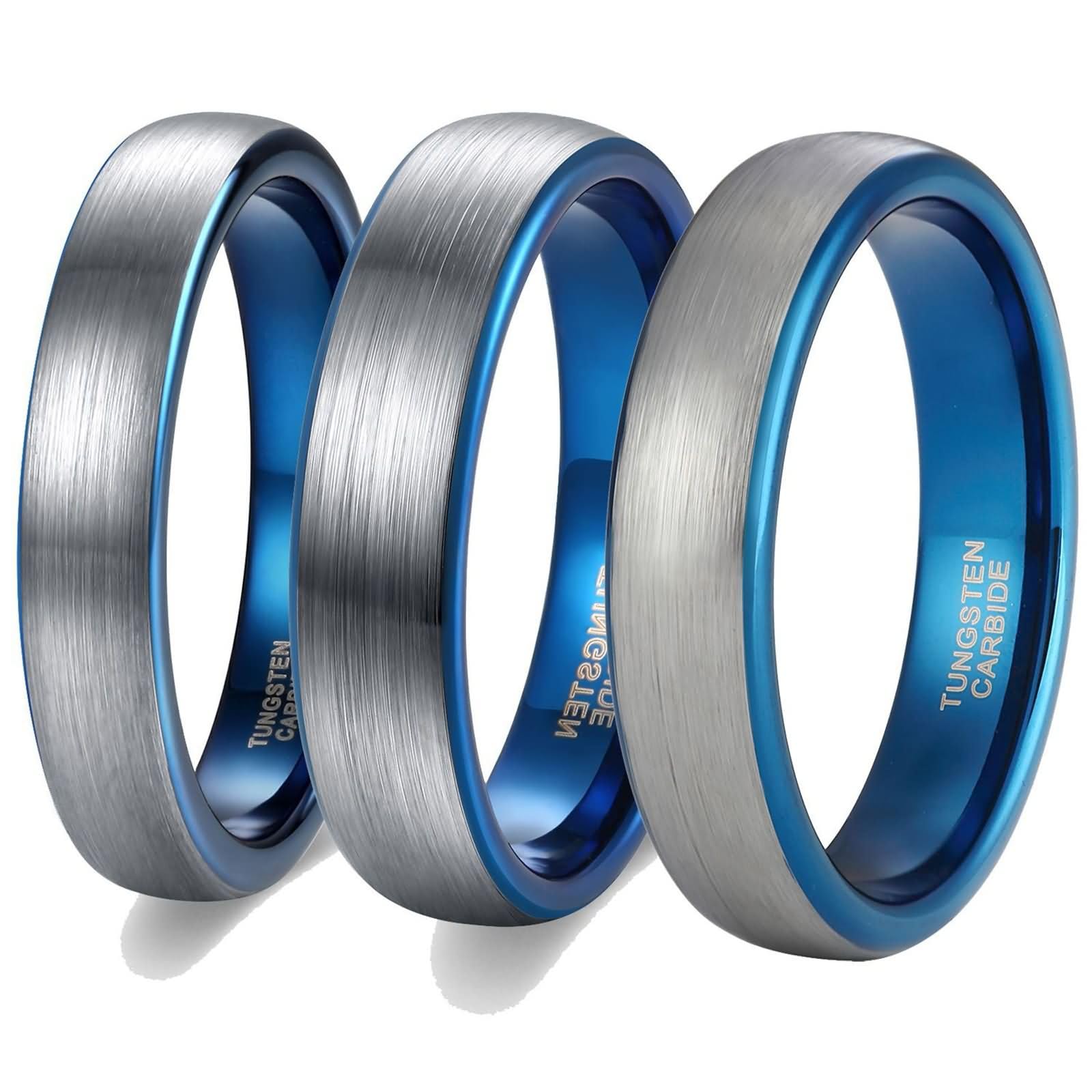 Anillos Modernos Grabados Tungsteno Hombre, 4MM/6MM/8MM Redondo Cepillado Anillo Plata Azul para Hombre