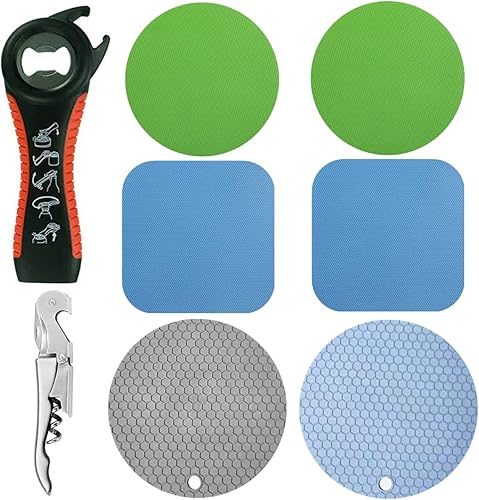 Juego de 8 abridores de tarros, 4 almohadillas de goma para agarrar, 2 almohadillas de silicona para abridor de tarros, 1 abridor de botellas y 1