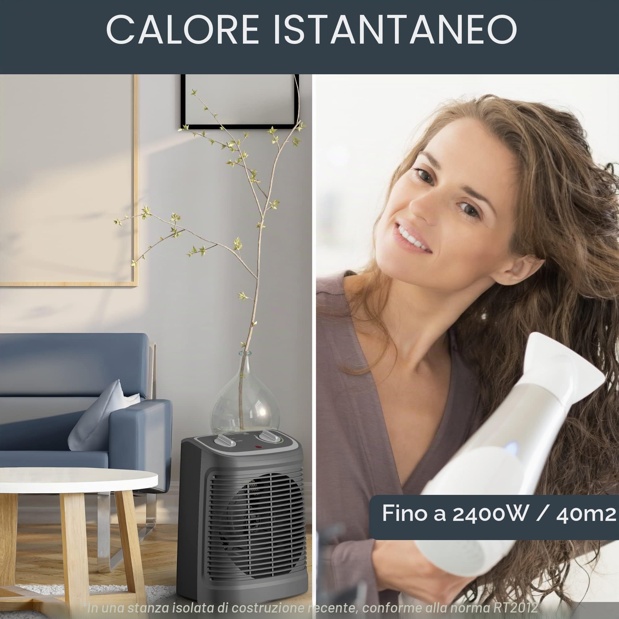 Rowenta Instant Comfort Compact, Termoventilatore, Due livelli di potenza, 2 velocità di riscaldamento, Silenzioso, Facile da trasportare, 44 dB(A), Grigio/Nero, SO2330