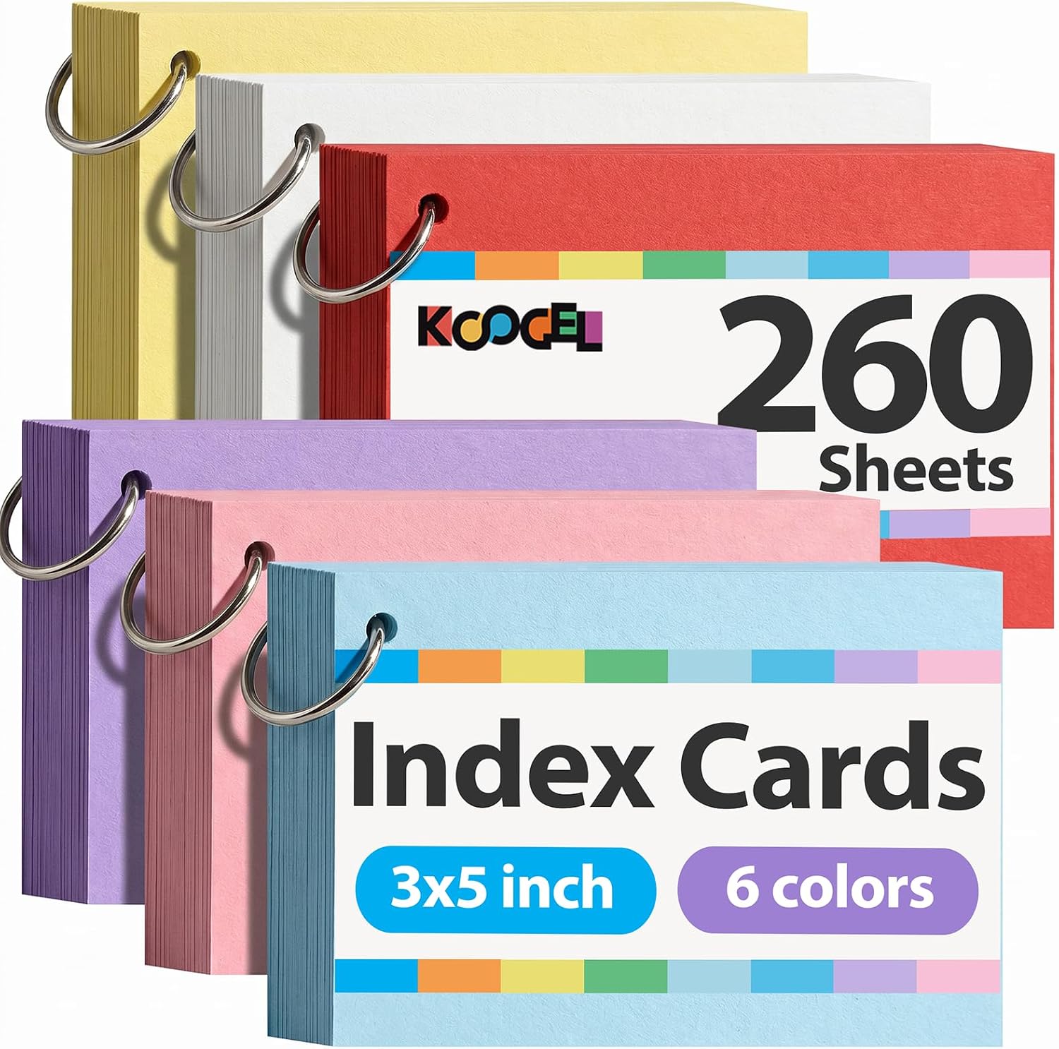 BOOKNOW 260 Count Colored Index Cards 3x5 Inch with Key Ring, 6 Colors