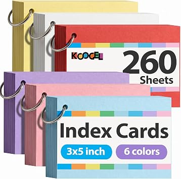 BOOKNOW Index Cards 3x5, Flash Cards with Ring, 260PCS Colored Notecards for Studying, Portable Notecards Note Taking for Students, Teachers, Office Home School, 6 Colors