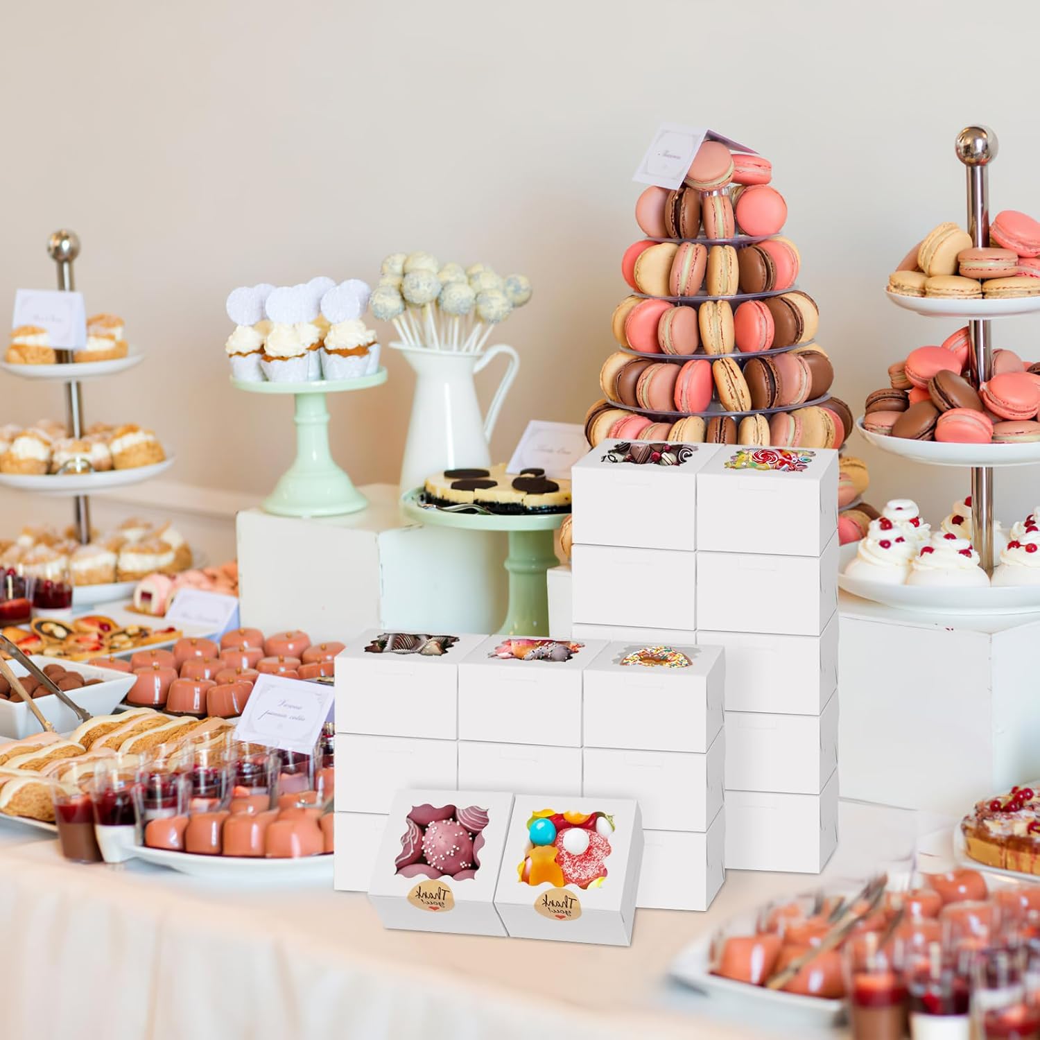 White Cookie Boxes, 4x4x2.5 Inches Bakery Boxes with Window, for