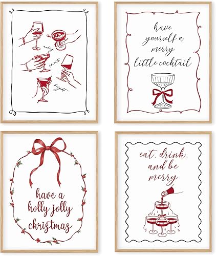 Boat Wades Juego de 4 impresiones artísticas de pared de barra de Navidad, regalos para amantes del cóctel, champán, pósteres retro de Navidad,