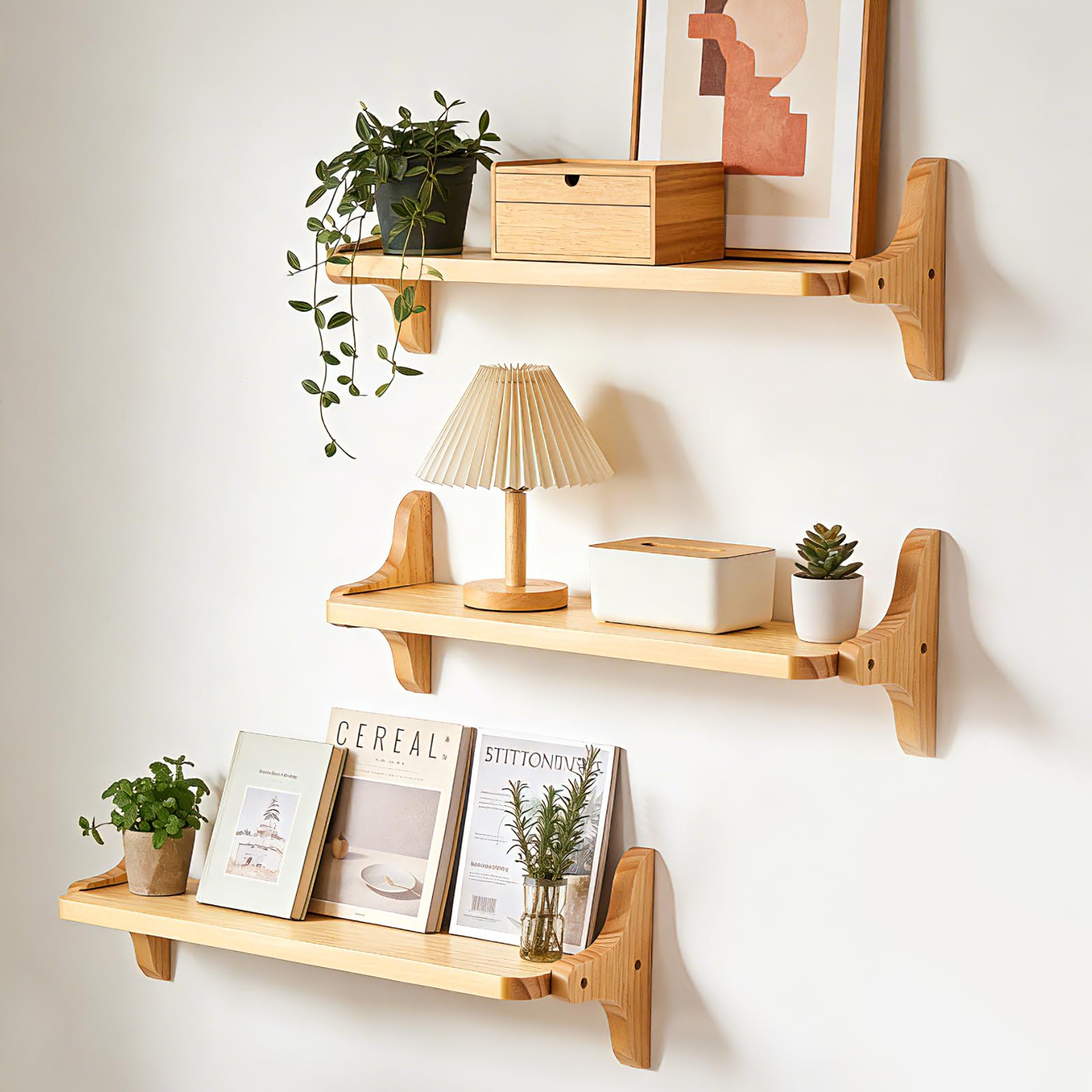 Étagères murales bois de pin massif 40cm - Étagères de rangement salon chambre cuisine bain