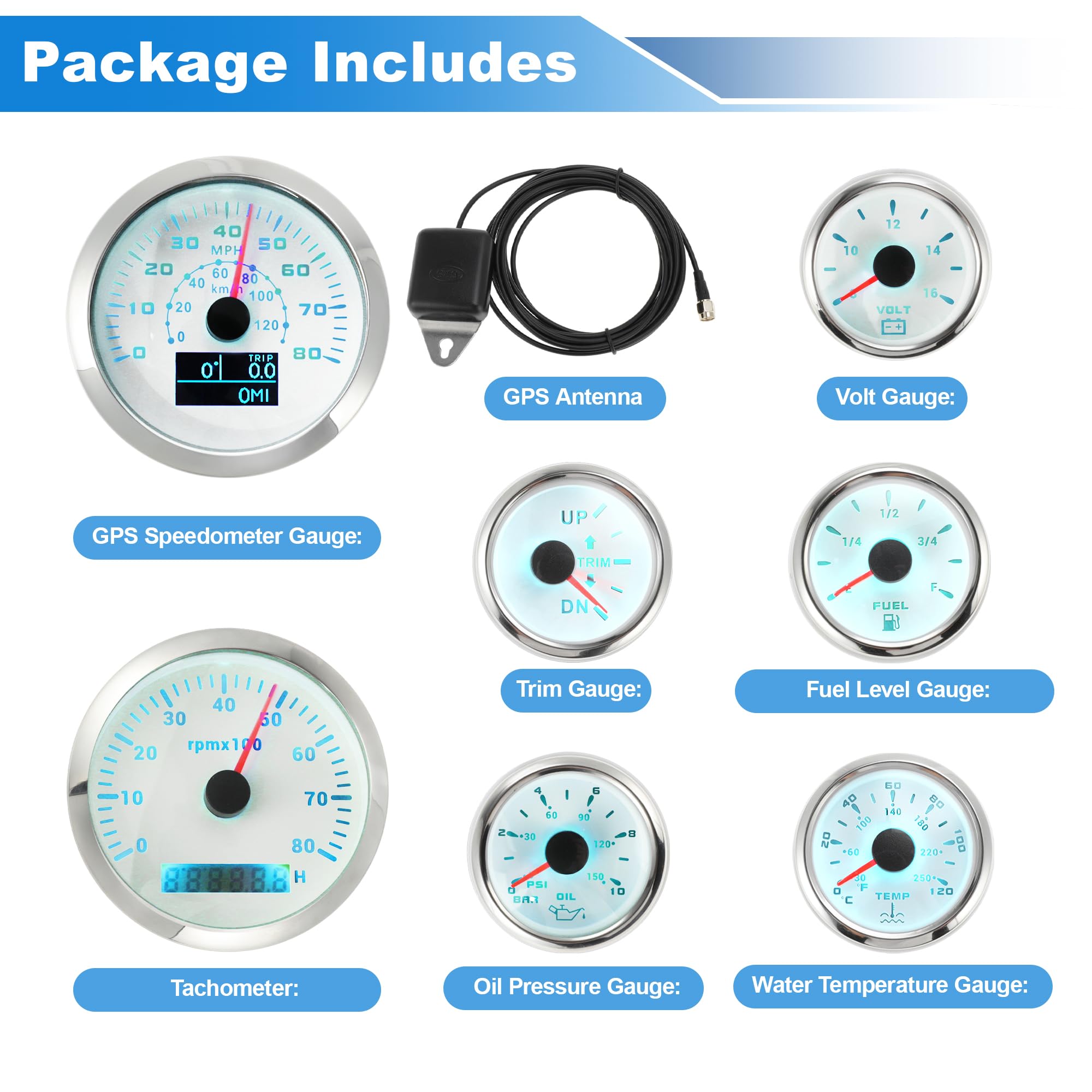 Motoforti 7 Juego 3-3/8" 85mm GPS Velocímetro Tacómetro, 2-1/16" 52mm Aceite Presión, Combustible Nivel, Agua Temperatura, Voltímetro Ajuste Impermeable Marino Barco Indicadores Kit Blanco