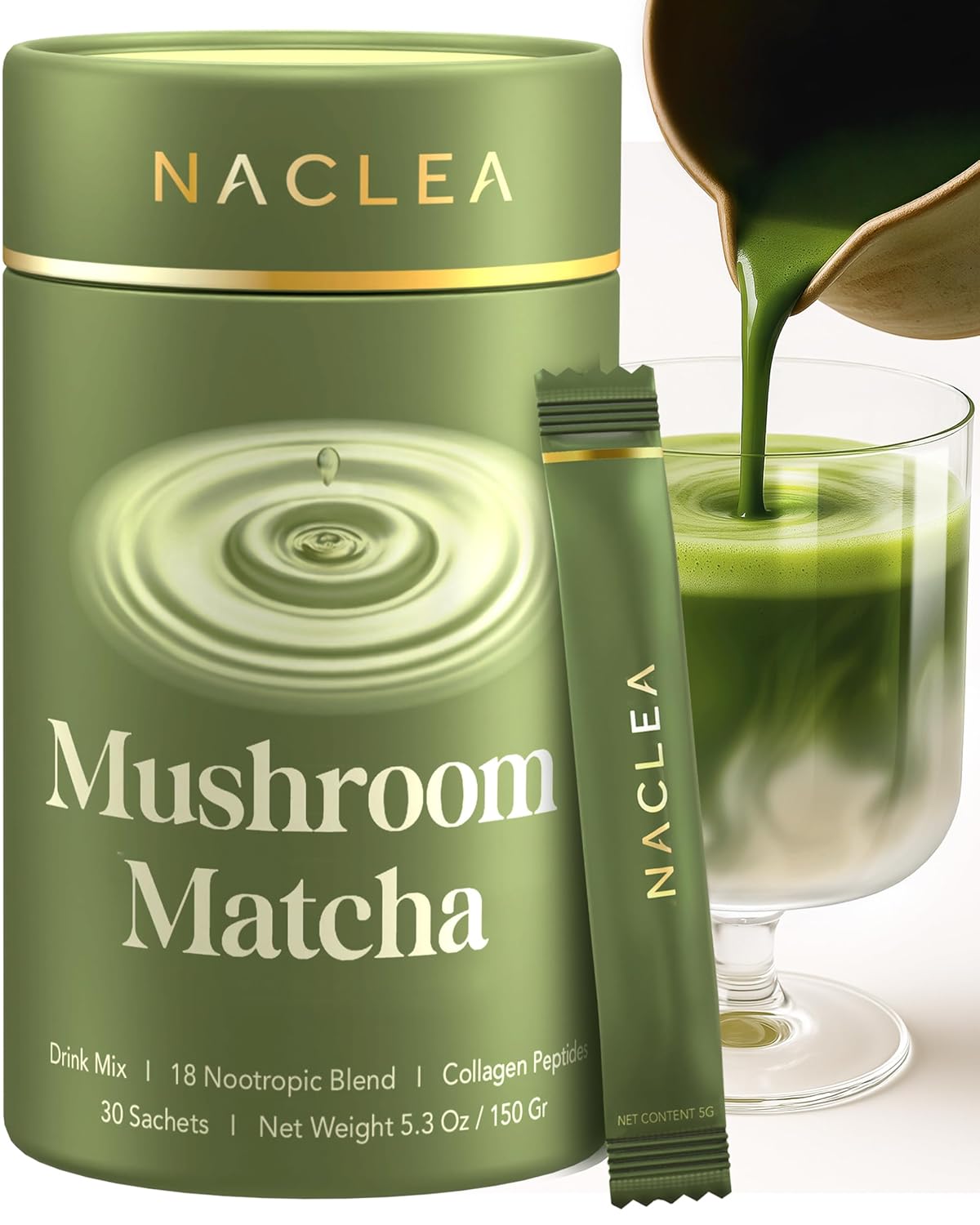 NACLEA Mushroom Matcha Powder - Sugar-Free Japanese Ceremonial Green Tea with 18 Superfood Mushrooms and Hydrolyzed Collagen -