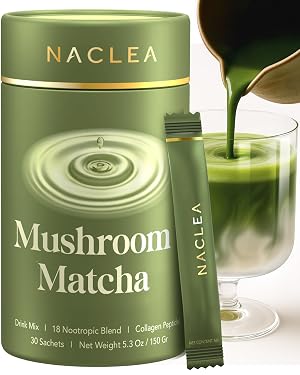 NACLEA Mushroom Matcha Powder - Sugar-Free Japanese Ceremonial Green Tea with 18 Superfood Mushrooms and Hydrolyzed Collagen -