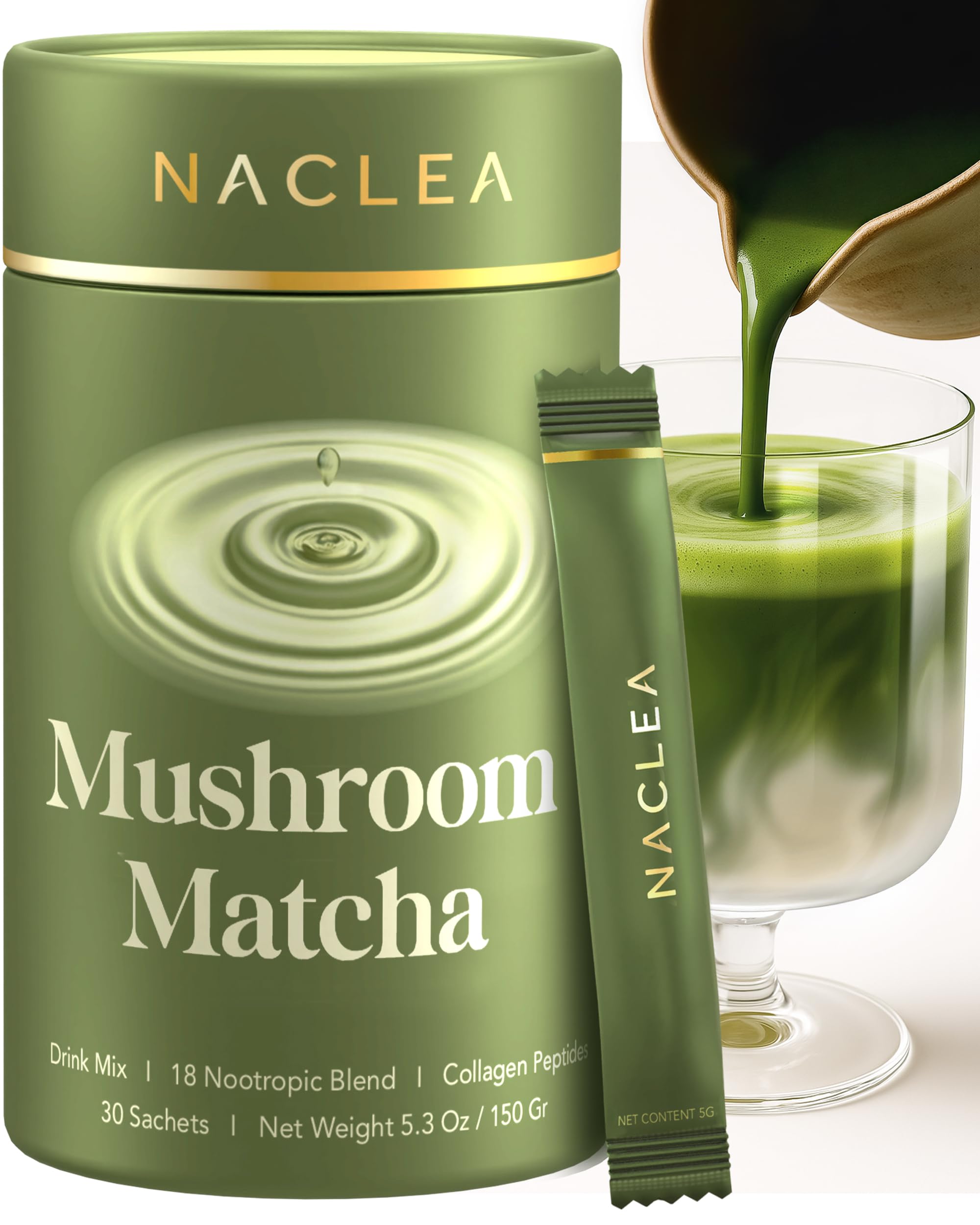 NACLEA Mushroom Matcha Powder - Sugar-Free Japanese Ceremonial Green Tea with 18 Superfood Mushrooms and Hydrolyzed Collagen -