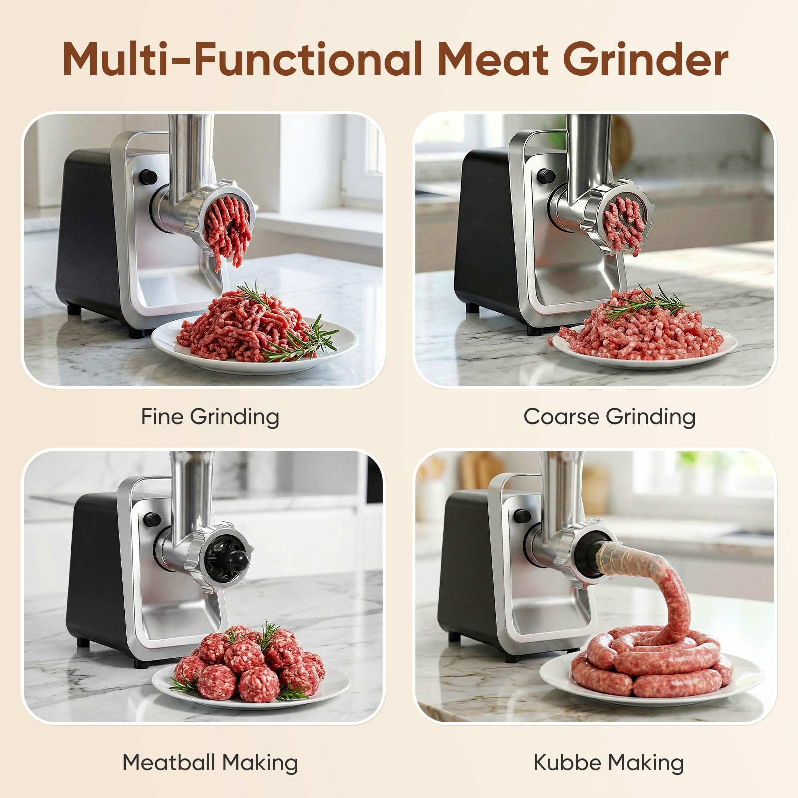 Picadora de Carne Eléctrica, 1000W máx Molino de Carne de Acero Inoxidable con 3 Discos Perforados, Embutidora, Fabricante de Kubbe y Kit de Albóndigas, Negro