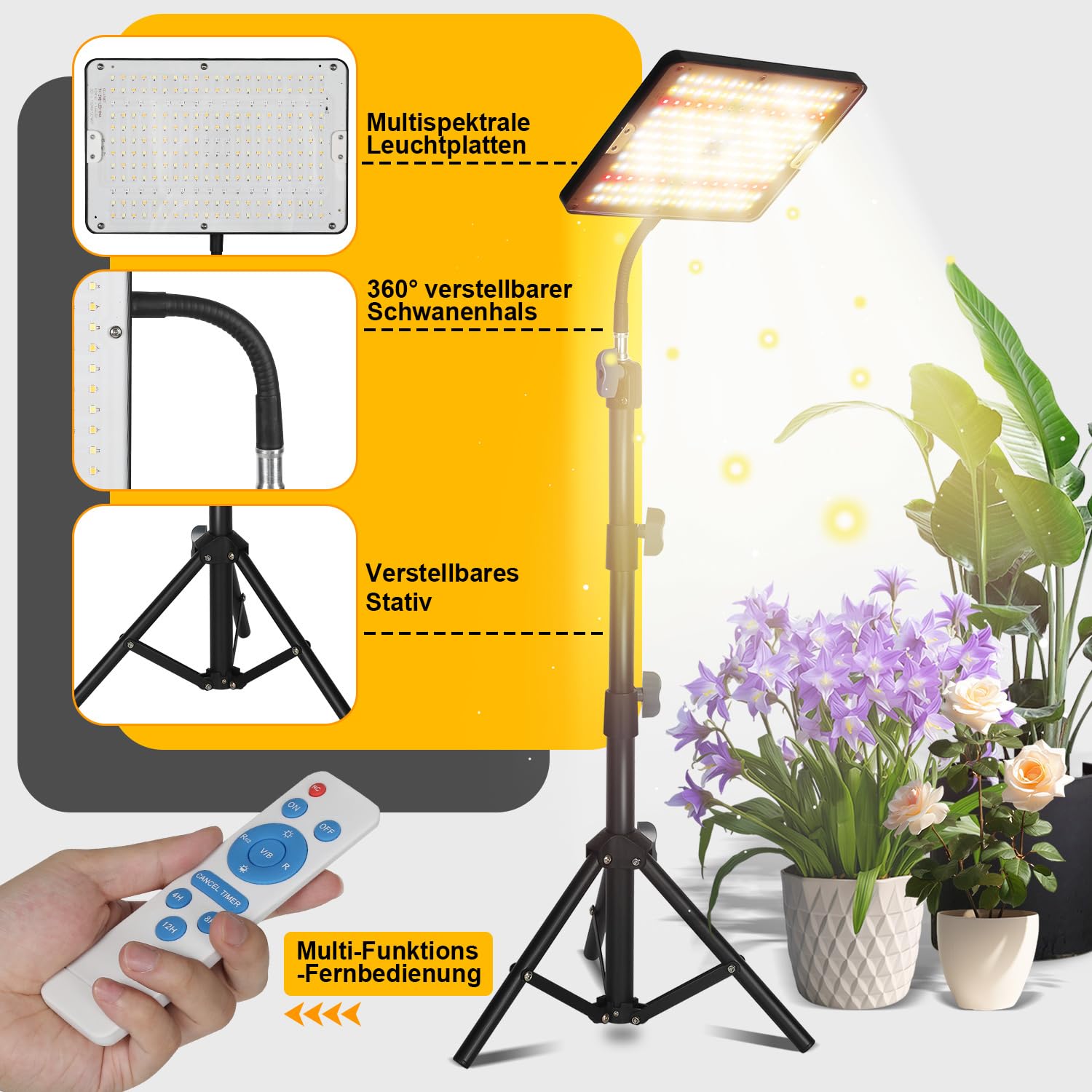 Lampa do roślin LED pełne spektrum ze stojakiem, 25 W, regulacja wysokości, 3 tryby pracy, timer, pilot zdalnego sterowania do roślin pokojowych, 2 sztuki