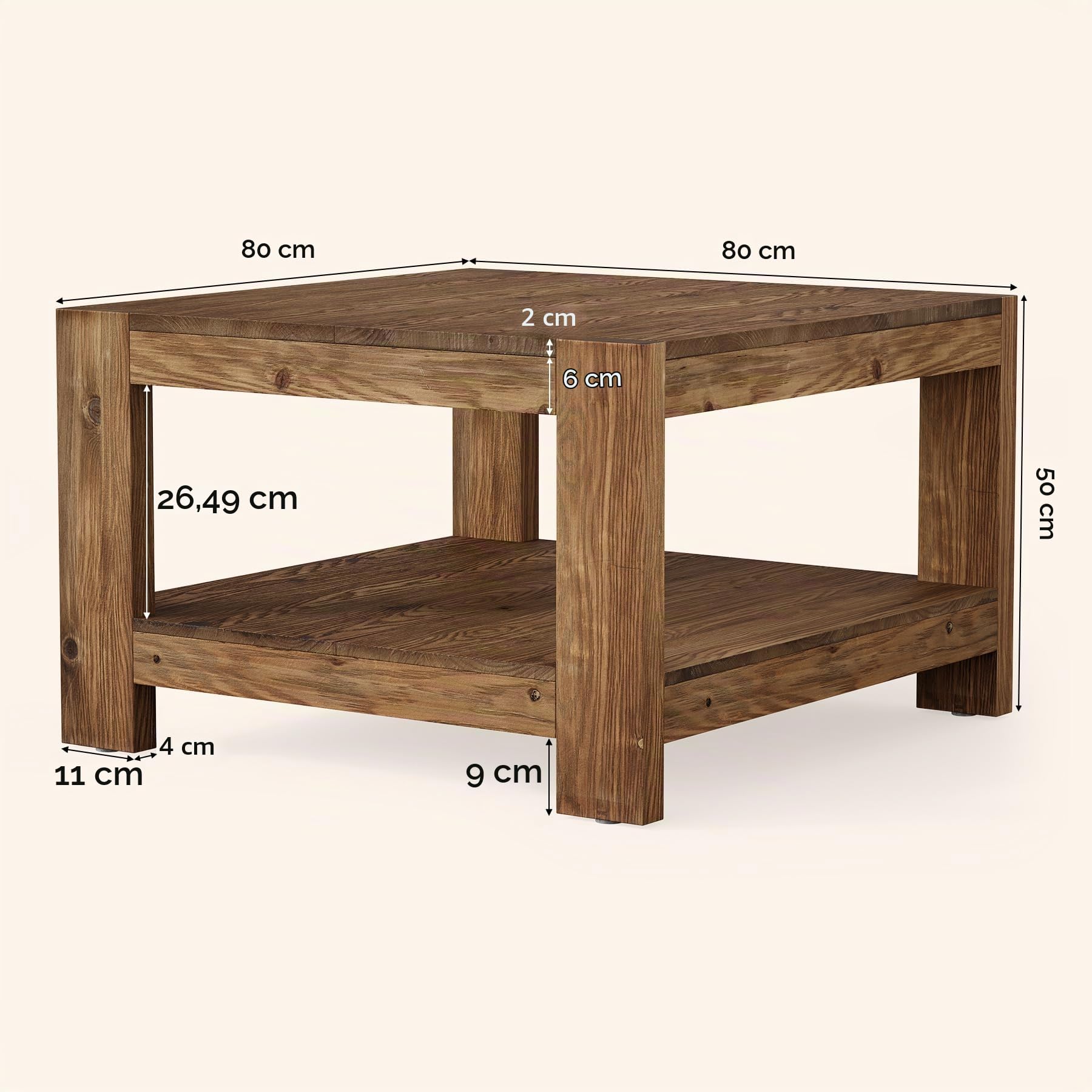 Massivholz Couchtisch Quadratisch 80 x 80 cm, Landhausstil Wohnzimmertisch mit Stauraum Braun, 2-stöckiger Sofatisch aus Holz im Landhausstil, Kaffeetisch für Wohnzimmer, Büro, kleine Räume