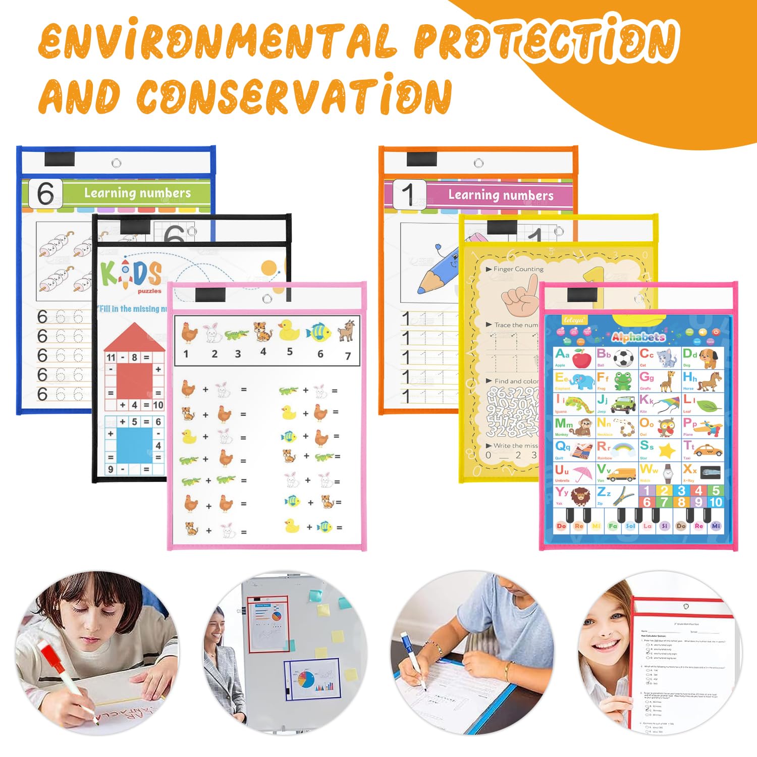 10 Stück Dry Erase Taschen, Encuryna 26 cm Abwischbare Durchsichtige Hüllen Reusable Dry Erase Pockets Schreibwaren Lieferungen Mehrfarbige Trocken Abwischbare Taschen für Büro und Schulbedarf