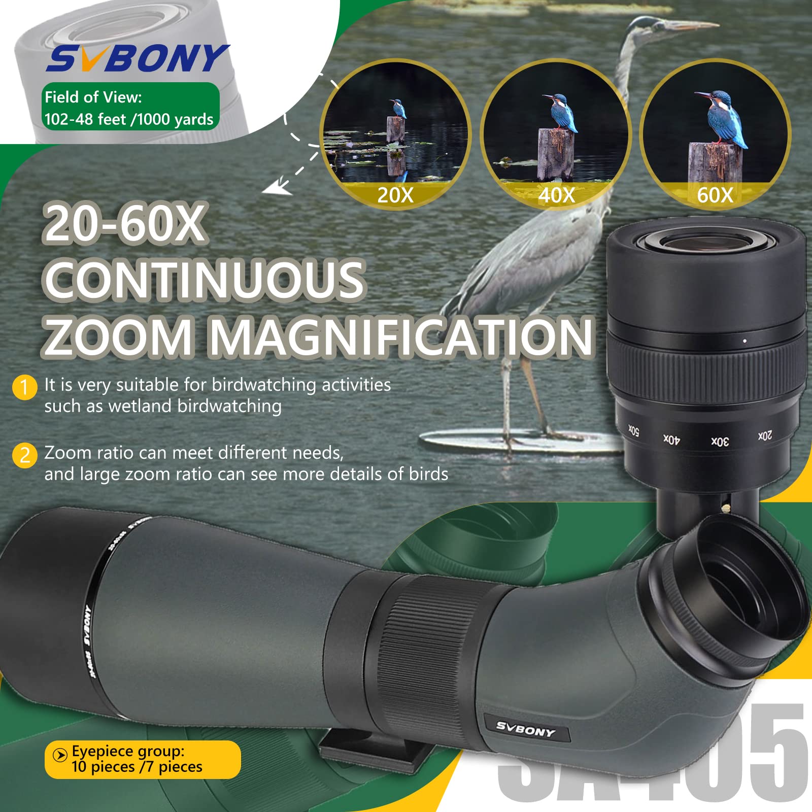 Svbony SA405 ED lunety punktowe 20-60 x 85, wymienny okular, FMC Porro pryzmat wodoodporny Bak4, profesjonalny teleskop do obserwacji ptaków na mokrej lądzie, astronomii obserwacji gwiazd