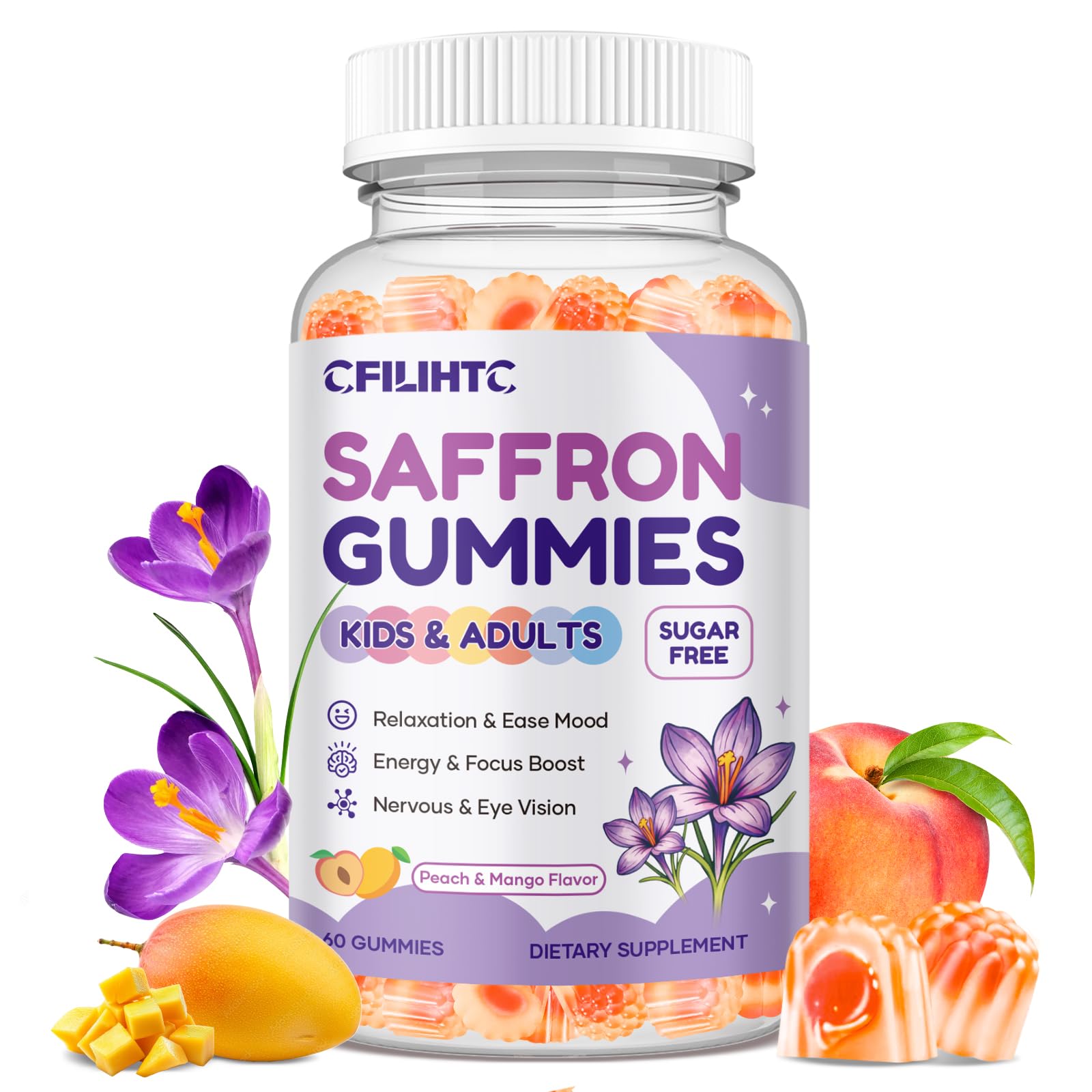 Saffron Gummies for Kids & Adults, 20-in-1 Saffron Supplements with 88.5mg Saffron Extract, B6, B12, C, D3, Magnesium for Calm, Focus, Nerve, Sugar Free, Vegan, Non-GMO, Peach Mango Flavor, 60 Counts Peach Mango 60 Count (Pack of 1)