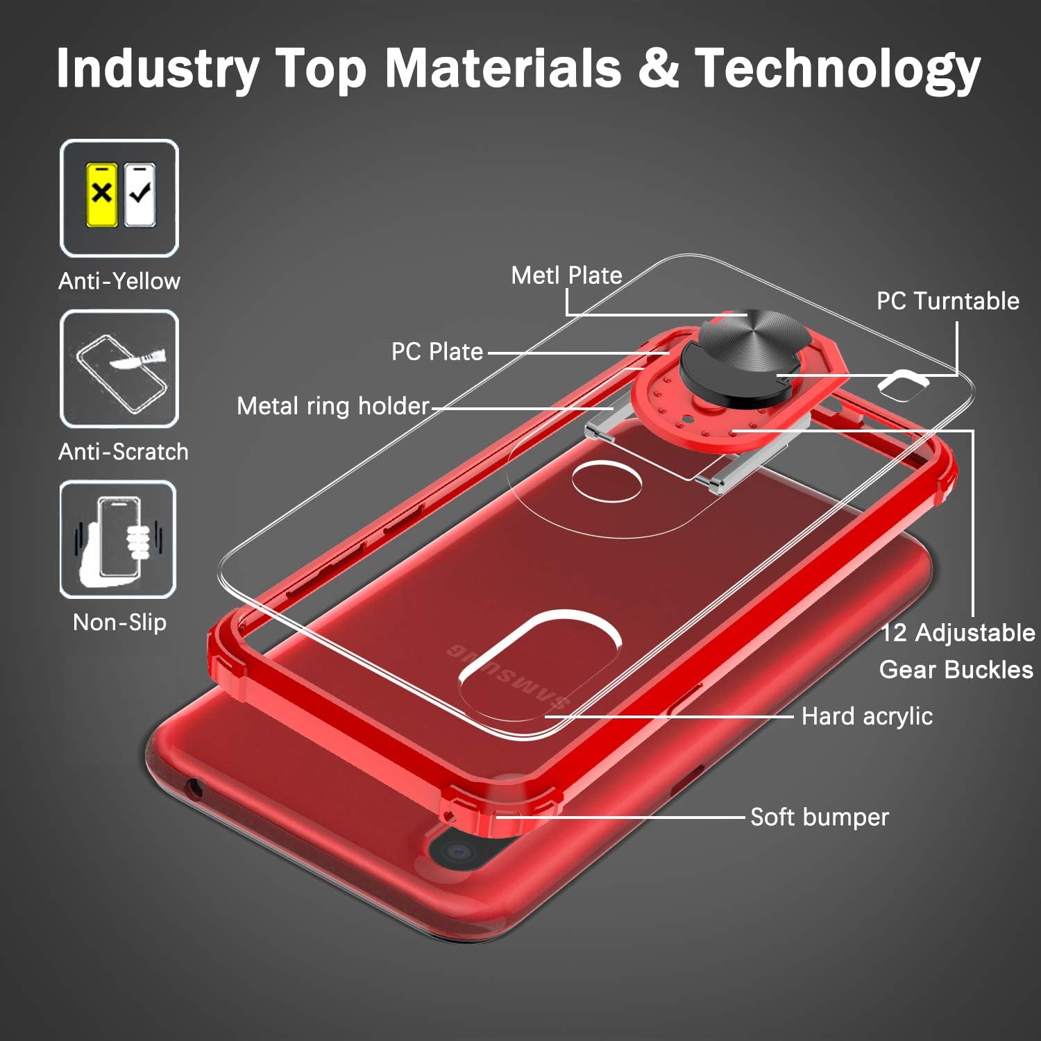 Samsung Galaxy A01 Case with [2 Pack] Tempered Glass Screen Protector, LeYi [Military-Grade] Clear Crystal Shockproof Phone Case with Magnetic Car Ring Kickstand for Samsung A01, Red