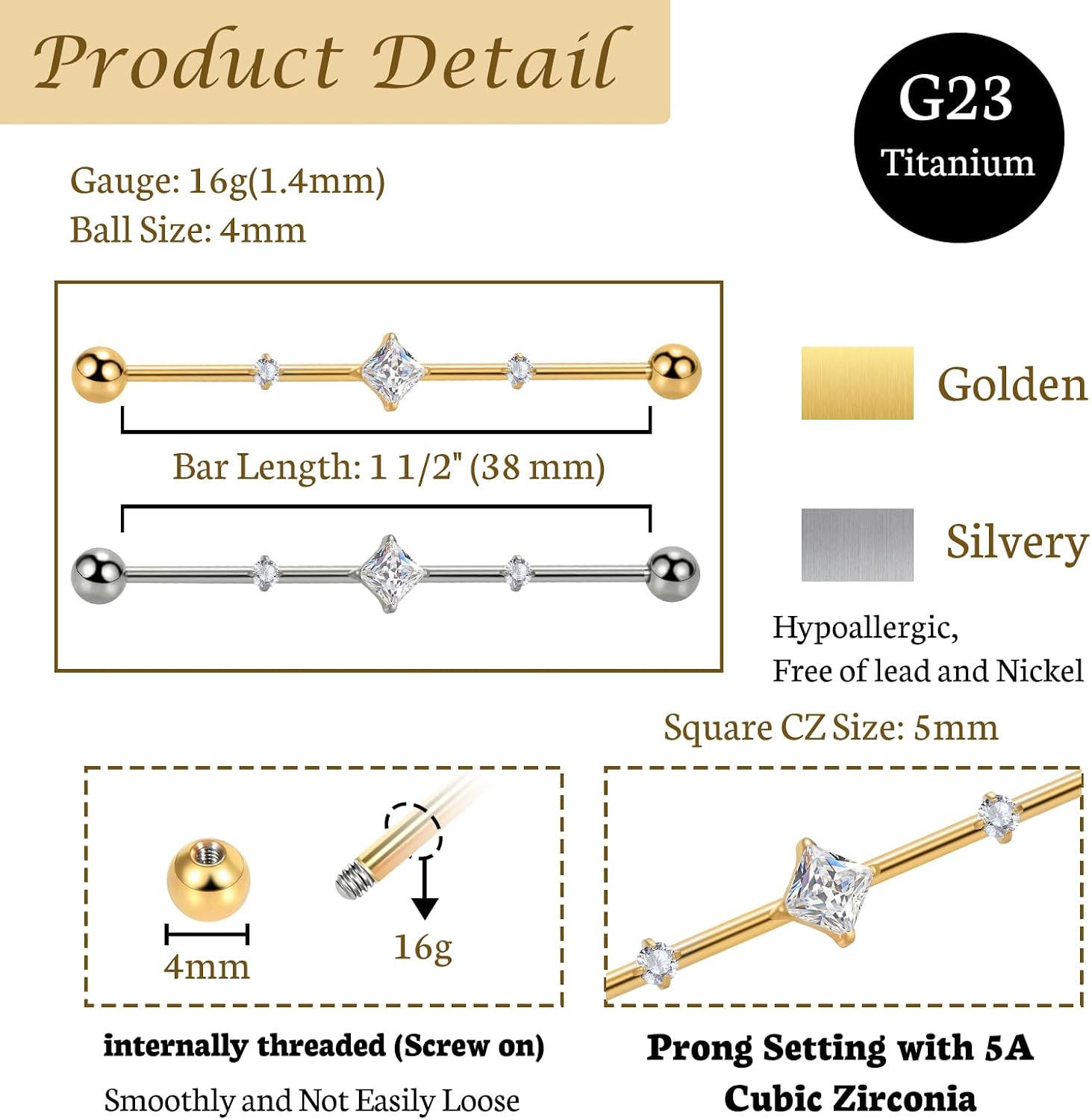 G23 Implant Grade Pure Titanium Industrial Piercing Jewelry 14G Industrial Piercing Barbell Earring with CZ Body Piercing Cartilage Earring Jewelry 1 1/2 Inch 38mm for Women Men