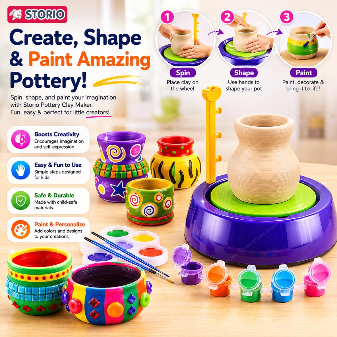 Storio Kids Art & Craft Pottery Wheel Kit|DIY Battery Operated Pottery Making & Painting Set|Modeling Clay,Sculpting Tools & Paints|Creative Kit for Boys & Girls Age 5+|Indoor Outdoor Toy (Multi) 2