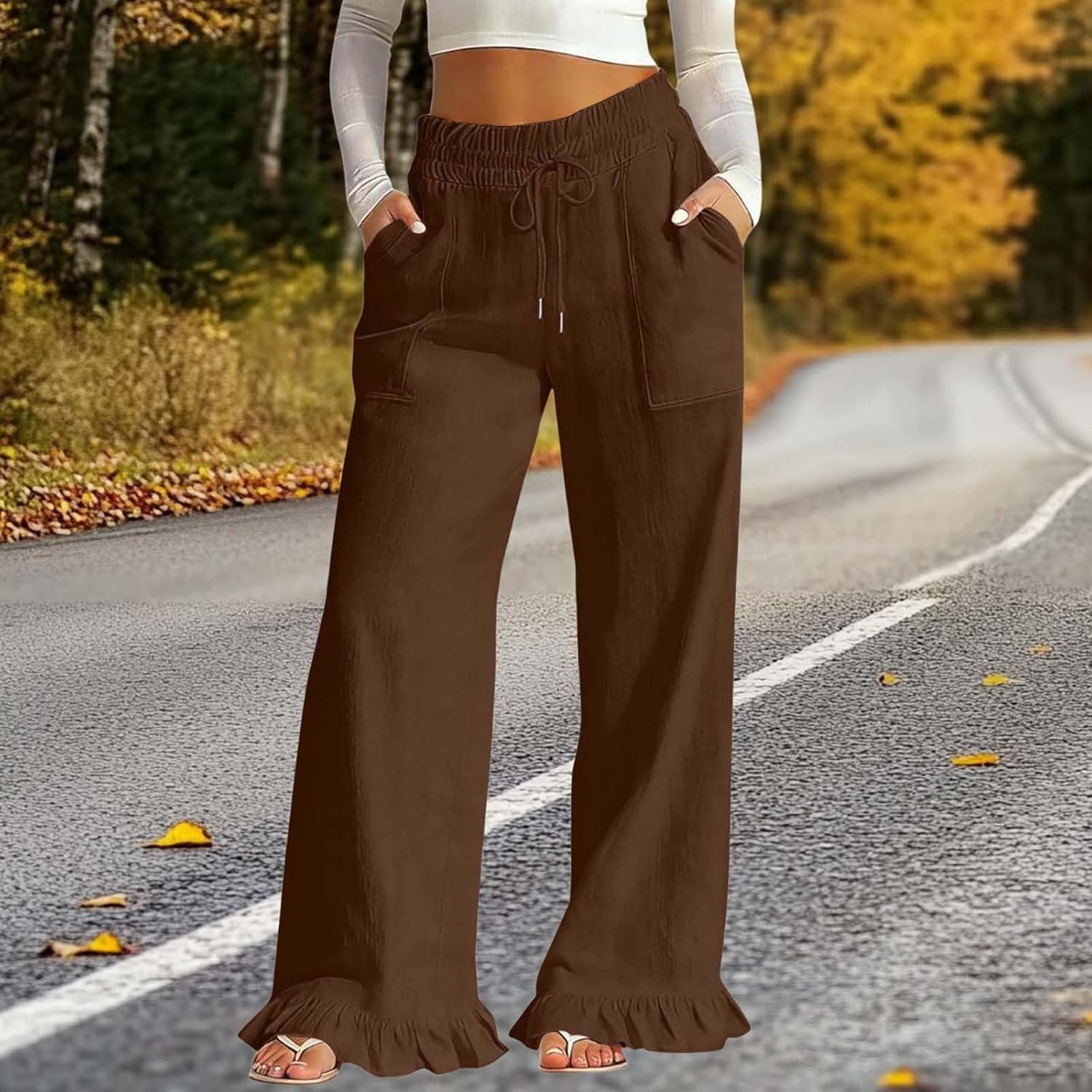Women's Wide Leg Linen Pants High Waisted Cotton Beach Palazzo Pants Ruffle Hem Casual Loose Trousers with Pockets